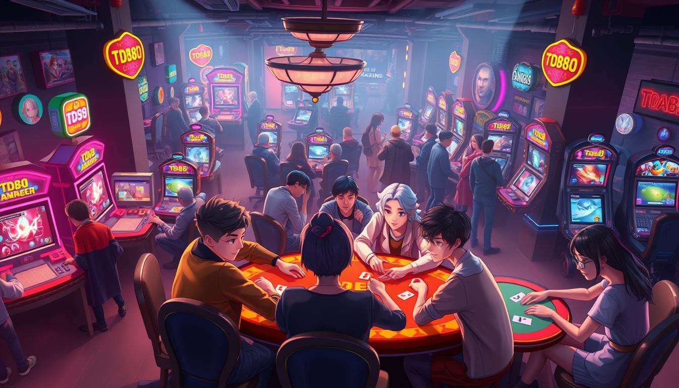 A bustling digital casino filled with vibrant, animated characters engaged in a lively game of TD88, a popular online card game. The scene is bathed in a warm, atmospheric lighting that casts a cozy glow over the virtual tables and players. In the foreground, a group of friends huddled around a table, their faces alight with concentration and anticipation as they strategize their next moves. In the middle ground, other players sit alone or in pairs, their eyes glued to the screens in front of them, immersed in the competitive thrill of the game. The background is filled with a sense of activity and energy, with various gaming stations and spectators watching the action unfold. The overall impression is one of a vibrant, social gaming experience that captures the essence of MMORPG-style online card gaming.