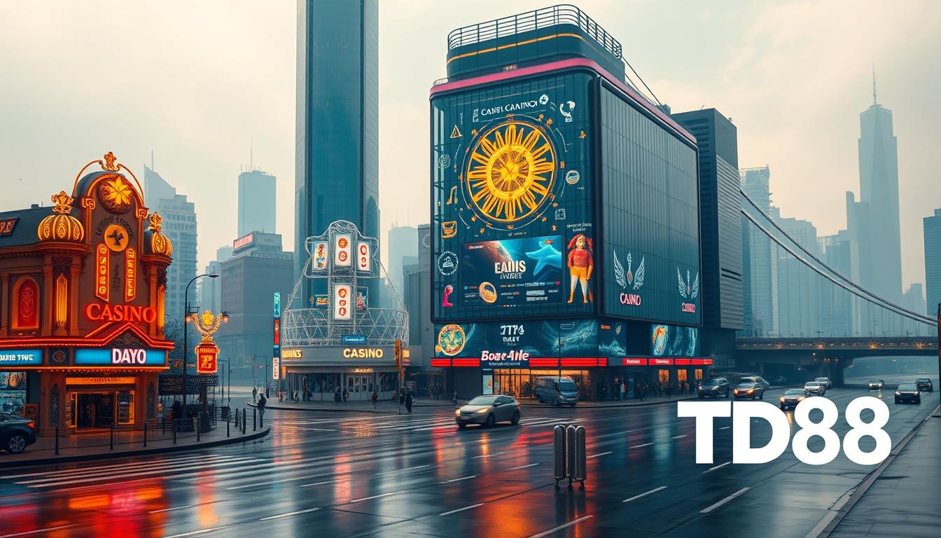 A busy cityscape with a traditional casino and a modern blockchain-powered casino side by side. In the foreground, the traditional casino stands tall, its neon lights and ornate facade reflecting off the wet pavement. In the middle ground, the blockchain casino is a sleek, glass-and-steel structure, its holographic displays and digital signage showcasing the latest in crypto-gaming technology. The background is a hazy skyline, with skyscrapers and bridges, creating a dynamic urban environment. The scene is bathed in a warm, golden light, evoking a sense of excitement and innovation. In the bottom right corner, the TD88 logo subtly stands out, signifying the cutting-edge blockchain solutions powering the new casino experience.