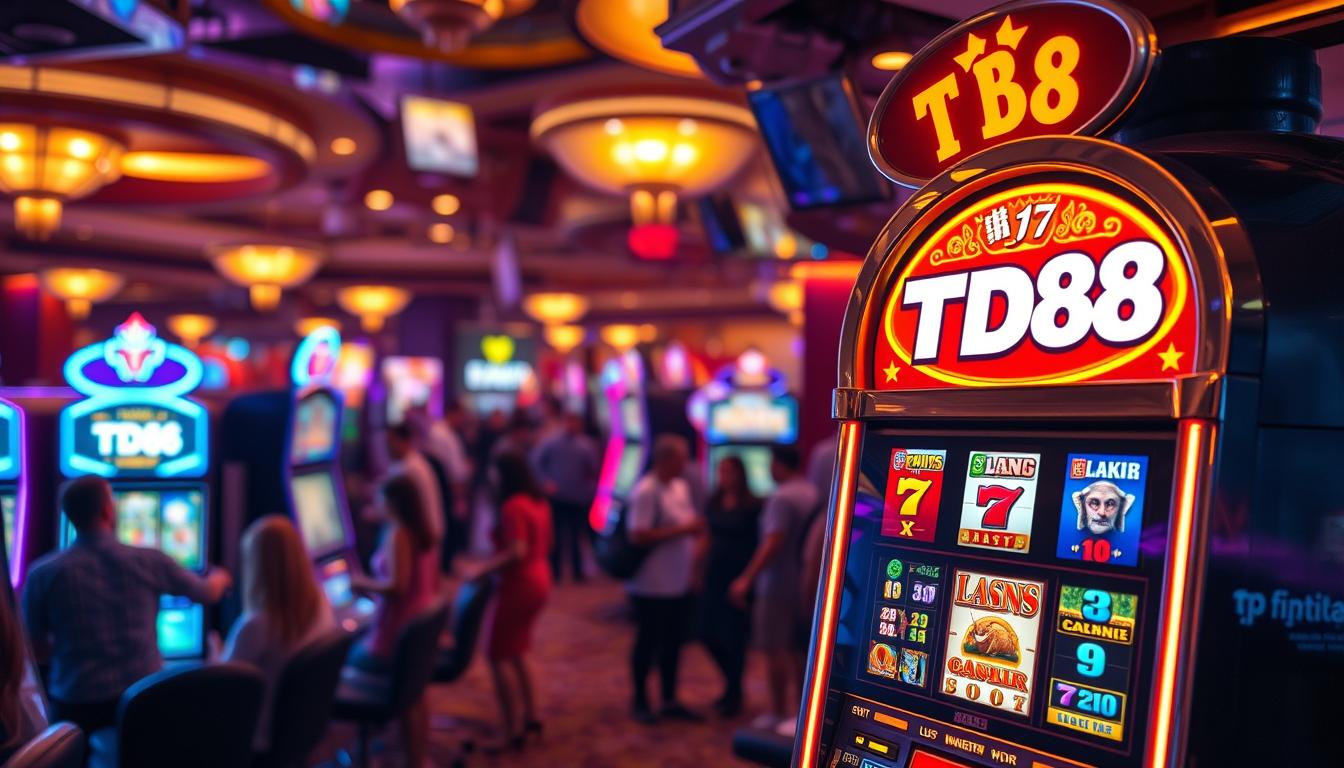 A busy, cluttered casino interior with a large slot machine prominently displayed in the foreground. The slot machine features the TD88 logo and displays a dazzling array of flashing lights, colorful symbols, and spinning reels. In the background, blurred figures of casino patrons can be seen, creating a sense of excitement and distraction. The lighting is warm and dramatic, with a slight haze to suggest an atmosphere of risk and temptation. The overall composition conveys the pitfalls and allure of gambling, a cautionary tale about the dangers of reckless slot machine play.
