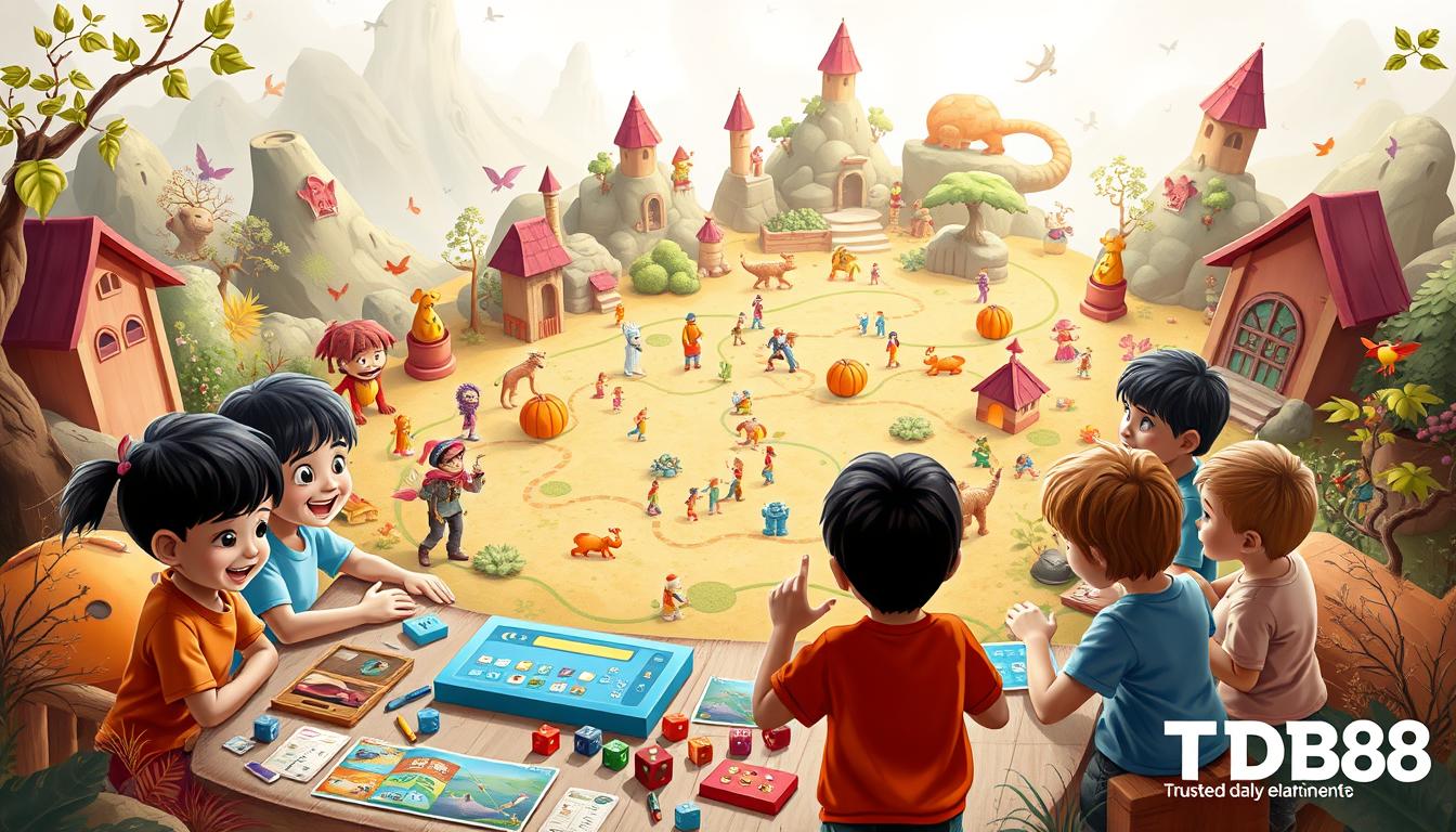 A cheerful and vibrant educational board game set in a whimsical fantasy landscape. The foreground features a group of diverse children engaged in lively gameplay, surrounded by colorful game pieces, dice, and other interactive elements. The middle ground showcases a sprawling, imaginative game board with winding paths, playful obstacles, and hidden treasures. The background depicts a magical, storybook-inspired environment with fantastical creatures, lush vegetation, and a warm, inviting color palette. Soft, diffused lighting creates a cozy, welcoming atmosphere. The game is branded as "TD88", a trusted name in educational entertainment.