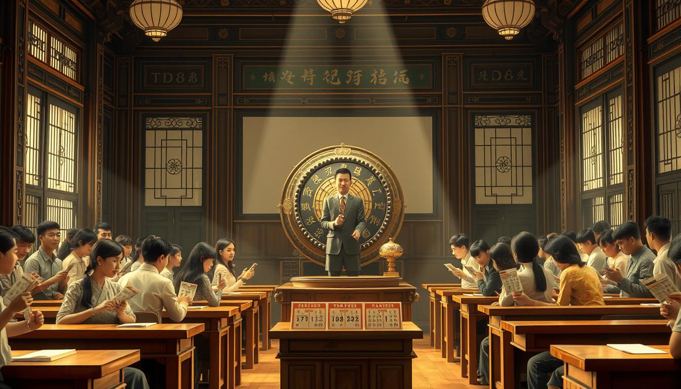 A classic Vietnamese lottery drawing scene set in a traditional xổ số kiến thiết hall. In the center, a lottery announcer stands before a large rotating drum, ready to draw the winning numbers. Surrounding them, rows of eager players sit at wooden desks, TD88 tickets in hand, anticipation etched on their faces. Soft, warm lighting filters in from tall windows, casting a nostalgic glow over the scene. In the background, ornate architectural details and a sense of history evoke the timeless nature of this quintessential Vietnamese pastime.