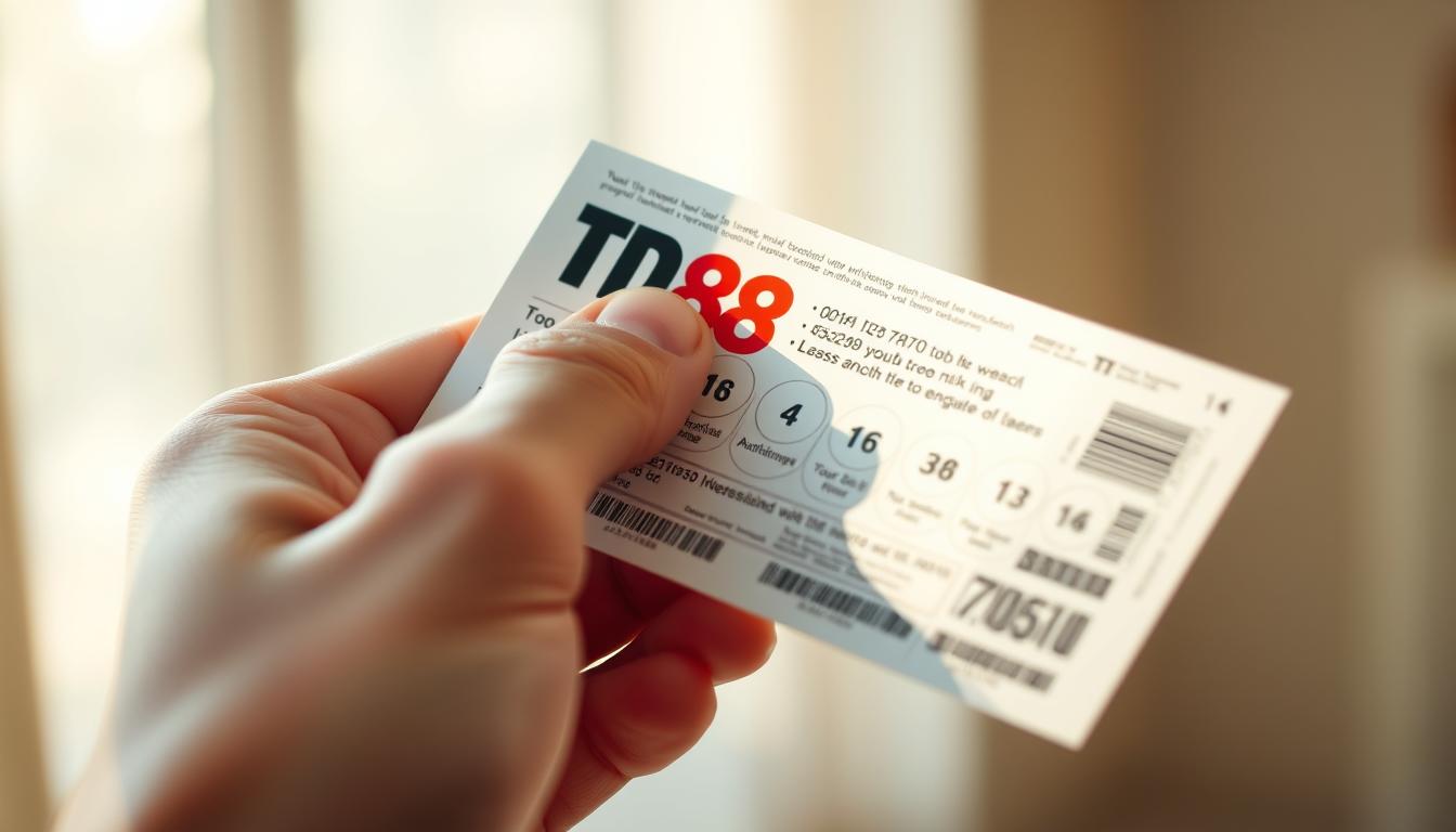 A close-up image of a person's hand carefully examining a lottery ticket against the light, with the TD88 branding prominently visible. The ticket is held between the fingers, allowing the intricate details and security features to be clearly seen. The background is blurred, drawing the viewer's focus to the examination process. Soft, natural lighting illuminates the scene, creating a sense of thoughtfulness and scrutiny. The image conveys the idea of visually inspecting a lottery ticket to discern its authenticity.