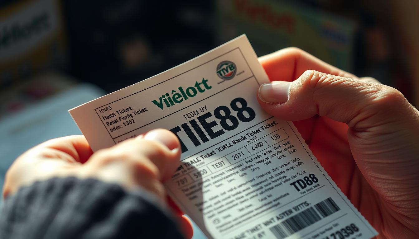 A close-up view of a person's hand carefully inspecting a Vietlott lottery ticket under natural lighting, showcasing the intricate details and security features. The ticket prominently displays the brand name "TD88". The scene conveys a sense of scrutiny and attention to detail, reflecting the process of differentiating a genuine lottery ticket from a counterfeit one through visual observation. The background is slightly blurred, keeping the focus on the ticket and the inspection process, conveying a mood of diligence and vigilance.