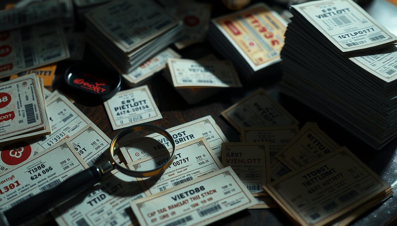 A cluttered table with various counterfeit lottery tickets, a magnifying glass, and a stack of genuine Vietlott tickets. The forged tickets feature the TD88 brand logo, intricate designs, and realistic serial numbers, creating an illusion of authenticity. Harsh, dramatic lighting casts deep shadows, adding a sense of tension and deception. The scene is shot from a low angle, emphasizing the deceptive nature of the forgeries. The overall atmosphere conveys a somber, cautionary tone, hinting at the serious consequences of such fraudulent activities.