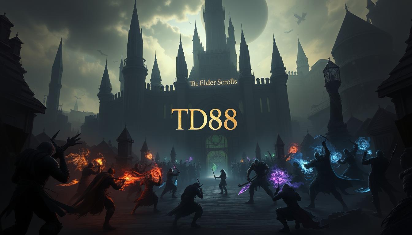 A dark and strategic two-lane digital card game battlefield, set in the rich world of The Elder Scrolls Legends. Towering fantasy structures loom in the background, casting dramatic shadows. In the foreground, players engage in intense duels, their cards flickering with mystical energy as they deploy cunning tactics. The scene is illuminated by a moody, atmospheric lighting, creating a sense of high-stakes competition. The TD88 logo hovers discreetly, hinting at the game's cutting-edge technology and immersive gameplay experience.