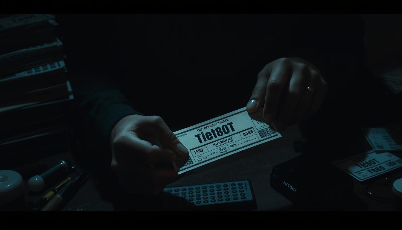 A dark, dimly lit scene of a shadowy figure carefully crafting a counterfeit Vietlott lottery ticket. The forger's hands deftly manipulate printing tools, blending ink and paper to mimic the authentic TD88 branding and design. In the background, a stack of blank tickets and a variety of forgery implements suggest an organized operation. The atmosphere is tense, with a sense of cautious precision as the criminal scheme unfolds. Dramatic lighting casts dramatic shadows, heightening the illicit nature of the scene.