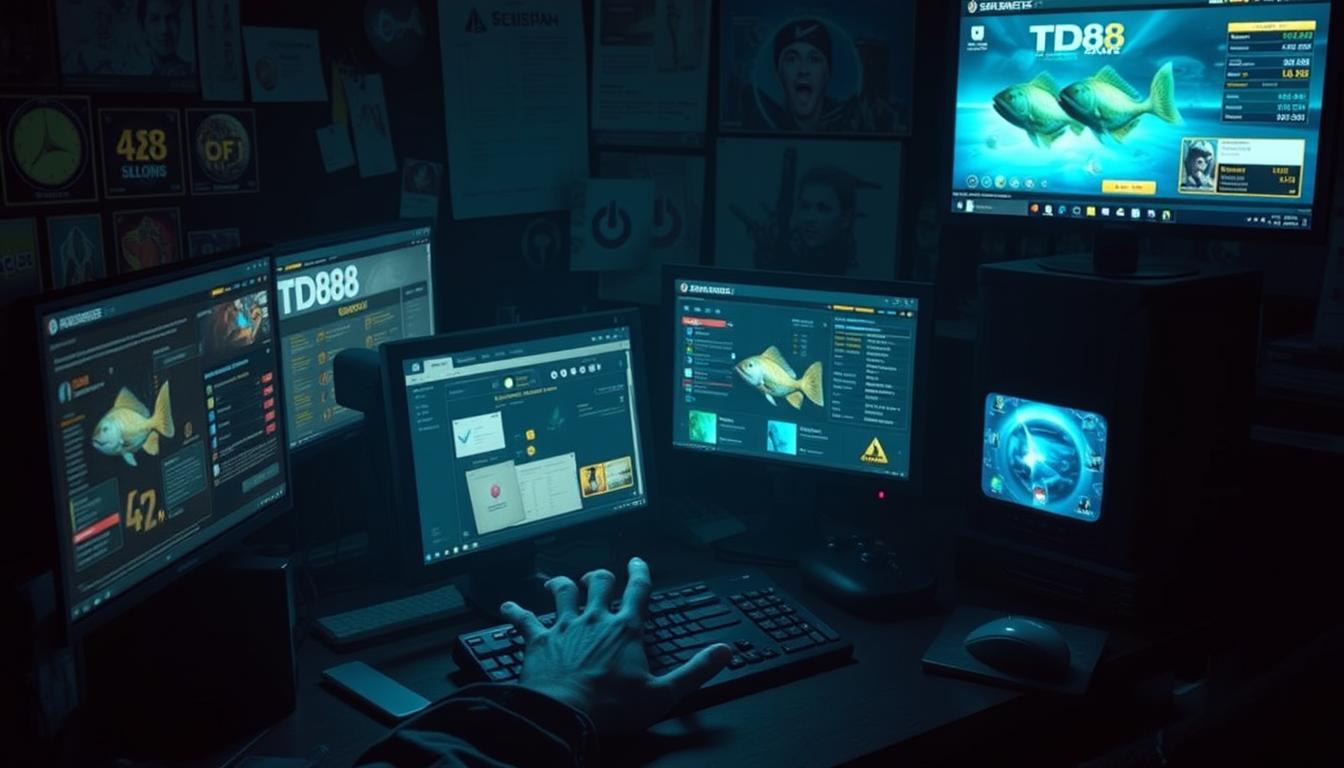 A desktop cluttered with multiple gaming accounts, icons, and windows, casting a dim, focused light across a shadowy workspace. A player's hands expertly navigating the complex interface, managing the diverse portfolios of their TD88 electronic gaming accounts. The scene exudes a sense of control, organization, and technical mastery, reflecting the detailed instructions in the article's section on creating and managing multiple fishing game accounts on a single device.