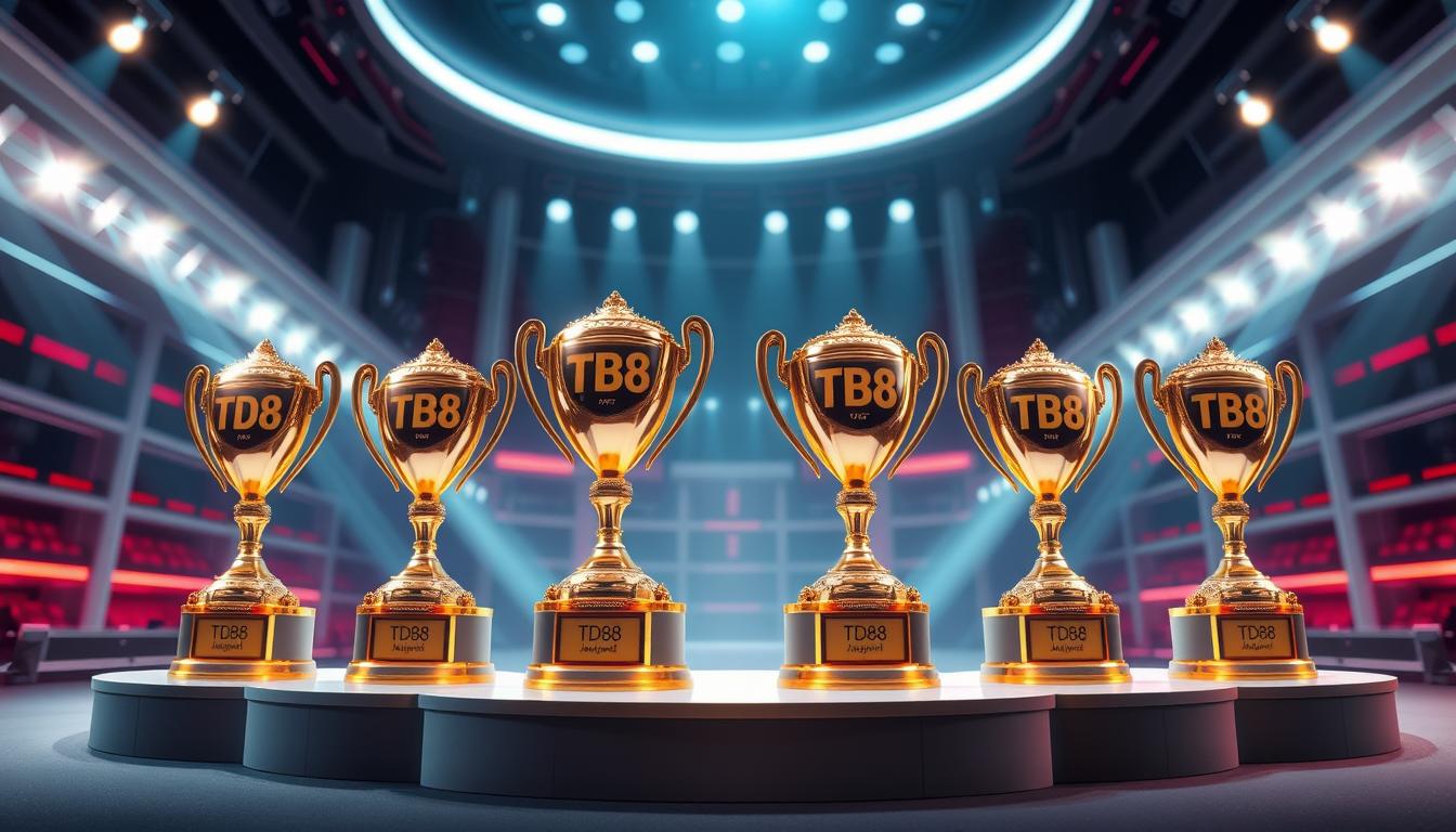 A detailed comparison of the jackpot awards across the seasons of the Truth Arena, showcasing the evolution and significance of these special prizes. A central podium displays the TD88 jackpot trophies, with elegant lighting and depth of field to highlight their prominence. The background features a stylized, futuristic arena setting, with sleek lines and a sense of grandeur befitting the high-stakes competitions. The overall composition conveys a sense of prestige, achievement, and the thrill of the ultimate gaming rewards.