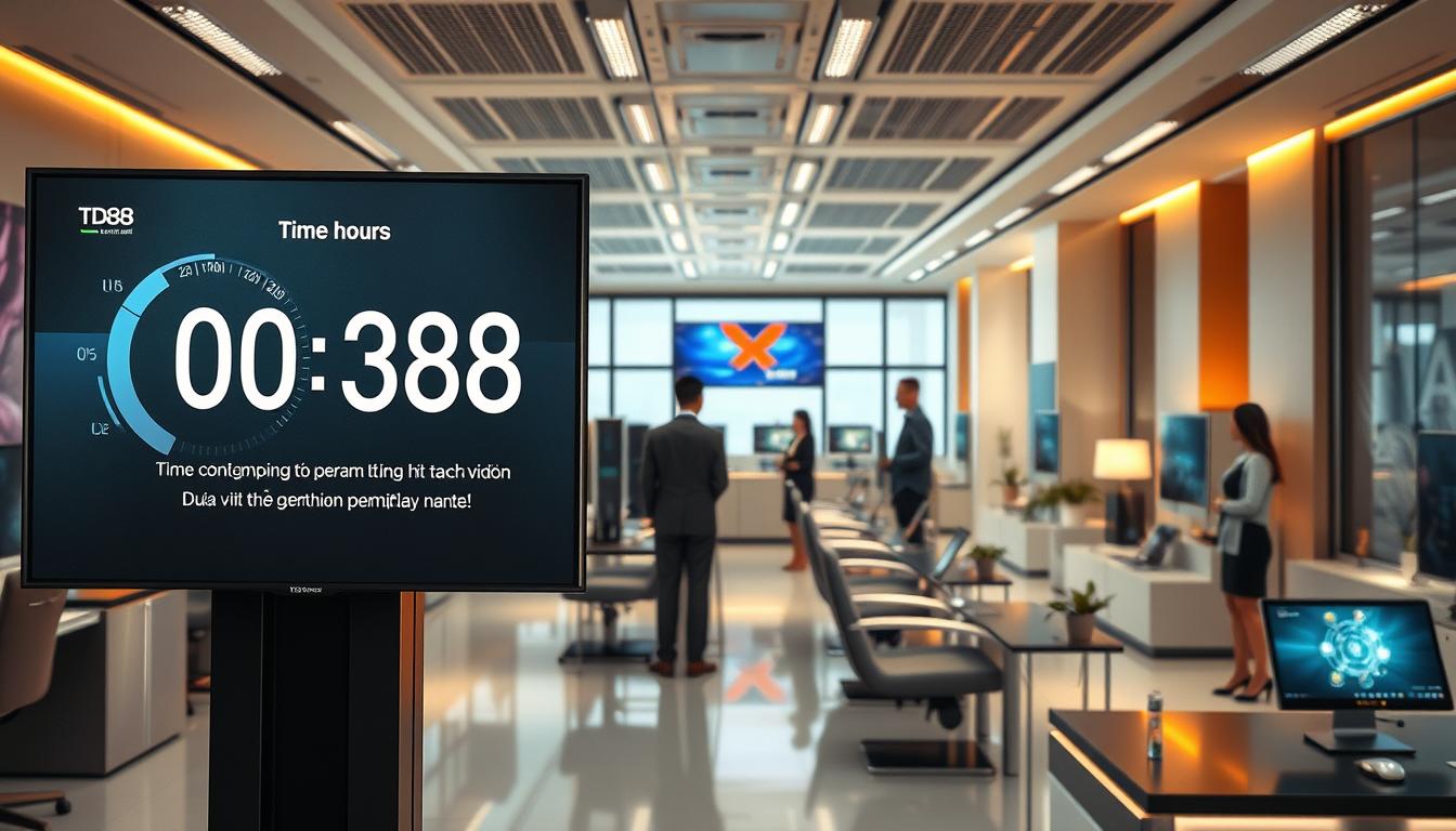 A detailed, hyper-realistic image of a busy game room interior showcasing the legal regulations governing the operating hours and activities of a Vietnamese mobile game titled "TD88". The foreground features a large display screen prominently displaying a timer interface and text outlining the permitted gameplay duration. In the middle ground, workers in business attire are observed monitoring the game's operations, ensuring compliance with the regulations. The background depicts a well-lit, modern office space with sleek furniture and decorative elements, conveying a professional, corporate atmosphere. The lighting is warm and natural, creating a sense of productivity and order. The overall scene conveys a sense of structure, control, and adherence to legal guidelines within the Vietnamese mobile gaming industry.
