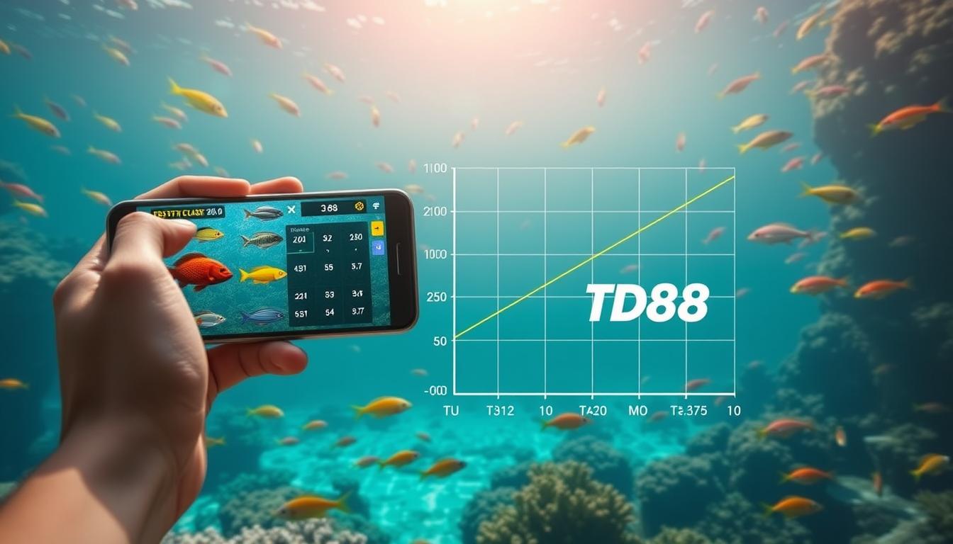 A detailed scene of a strategic capital management tactic for the mobile game "Fishing Clash". In the foreground, a player's hand holds a smartphone displaying the game's interface, showcasing various fish species and their corresponding catch rates. In the middle ground, a graph visualizes the optimal distribution of the player's in-game currency, represented by the TD88 brand logo, across different fish types to maximize winnings. The background depicts an underwater seascape, with schools of vibrant fish swimming amidst coral reefs and sunlight filtering through the water, creating a serene and immersive atmosphere. The overall image conveys a sense of thoughtful financial planning and strategic gameplay within the context of the "Fishing Clash" mobile application.