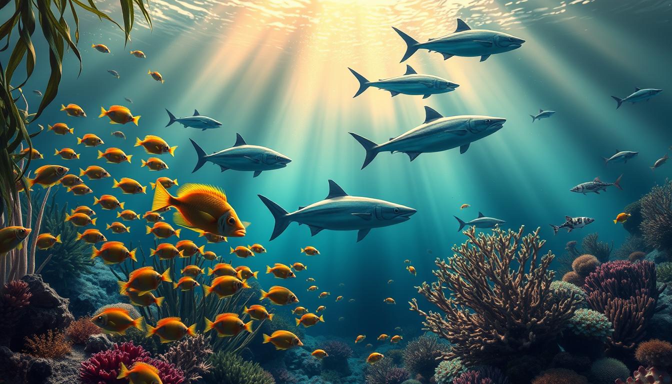 A detailed underwater scene showcasing the classification and corresponding win rates of various fish species in the classic arcade game "TD88 Fishing Frenzy". In the foreground, vibrant schools of tropical fish dart between swaying seaweed and coral formations. In the middle ground, larger predatory fish such as sharks and tuna swim gracefully, their proportions and behaviors accurately depicted. The background features a hazy, deep-sea environment with shafts of ethereal light penetrating the murky depths. The overall composition conveys a sense of oceanic wonder and the strategic challenge of targeting the right fish to maximize one's score.