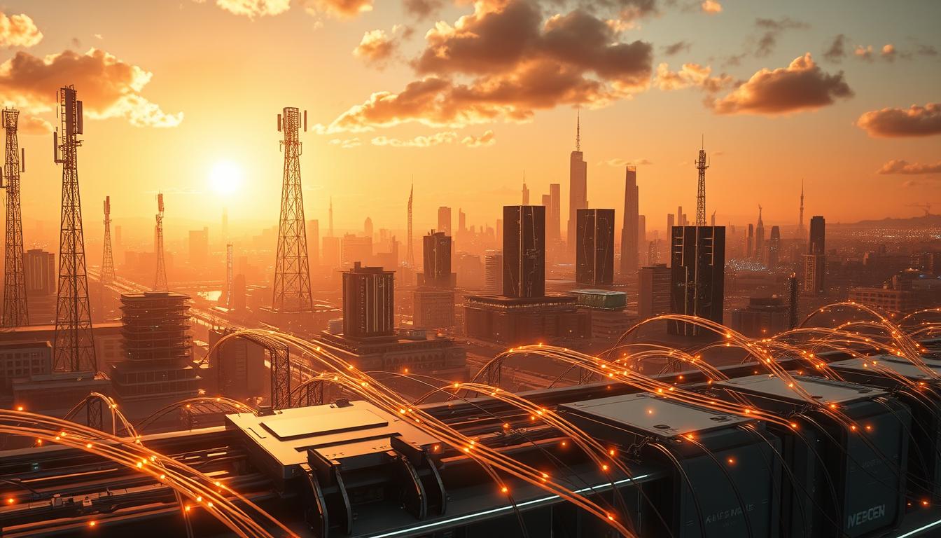 A futuristic cityscape bathed in a warm, golden glow. Towering 5G cellular antennas and sleek data centers dominate the skyline, their geometric forms casting long shadows across the landscape. In the foreground, a network of glowing fiber-optic cables and sleek, minimalist TD88 networking equipment connect seamlessly, powering a hyper-fast, low-latency infrastructure. The scene exudes a sense of technological sophistication and progress, hinting at the transformative potential of 5G for the future of online gaming and beyond.