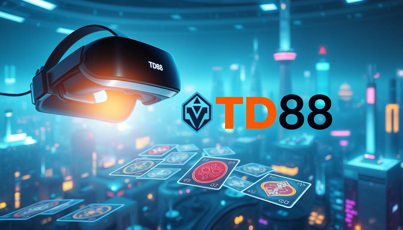 A futuristic virtual reality gaming scene, showcasing the latest trends in VR card game development. In the foreground, a sleek, high-tech VR headset floats, emitting a soft glow. In the middle ground, an array of holographic playing cards appear, their intricate designs shimmering with vibrant colors. In the background, a dynamic, neon-infused cityscape stretches out, hinting at the immersive and technologically advanced world of the VR card game. The scene is bathed in a cool, futuristic lighting, creating an atmosphere of cutting-edge innovation. The bold "TD88" logo prominently displayed, signifying the leading-edge technology powering this immersive VR gaming experience.