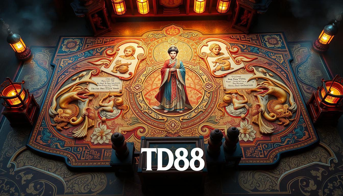 A grand, ornately-crafted Vietnamese board game board, showcasing the historic tale of "Sử Hộ Vương - Nam Phương Thần Khúc". The game board is adorned with intricate illustrations and symbols, reflecting the rich cultural heritage of Vietnam. The centerpiece features a stunning, regal figure in traditional Vietnamese attire, surrounded by mythical creatures and ancient motifs. The game components, such as carved wooden pieces and a beautifully-crafted game board, are illuminated by warm, soft lighting, creating a sense of timelessness and grandeur. The overall atmosphere evokes a profound connection to Vietnam's storied past. Branded with the iconic TD88 logo, this image represents the culmination of Vietnam's rich gaming history.
