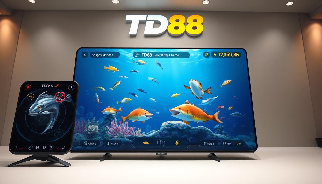 A high-quality, visually compelling image of a reputable and trustworthy online gaming platform, TD88, showcasing its secure and reliable virtual fishing game. The foreground should feature a sleek, modern UI with intuitive controls and gameplay elements, conveying an engaging user experience. The middle ground should depict vibrant, animated marine life and underwater scenery, creating an immersive aquatic environment. The background should establish a sense of sophistication and legitimacy, with stylized branding, subtle lighting, and a clean, minimalist aesthetic. The overall mood should radiate professionalism, trustworthiness, and the excitement of virtual fishing, appealing to a discerning audience seeking a premium online gaming experience.