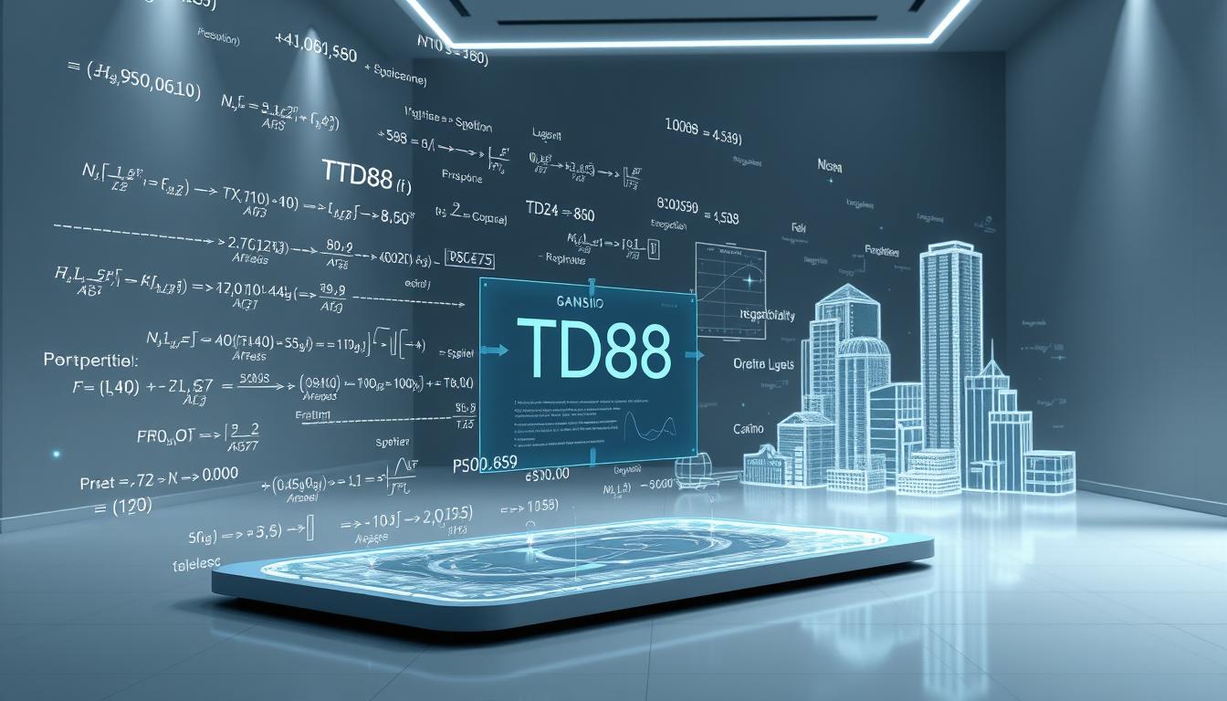 A highly detailed, photorealistic image of the mathematical mechanics behind an online casino's operations. The scene depicts a complex network of equations, algorithms, and data visualizations floating in a sleek, minimalist environment. The foreground showcases the core "TD88" formula, surrounded by intricate formulas and statistical models. The middle ground features a holographic display of probability distributions and risk analysis tools. In the background, a stylized 3D representation of the casino's infrastructure and data flows creates a sense of scale and technological sophistication. The overall mood is one of precision, control, and the mathematical underpinnings that give the house its strategic advantage.
