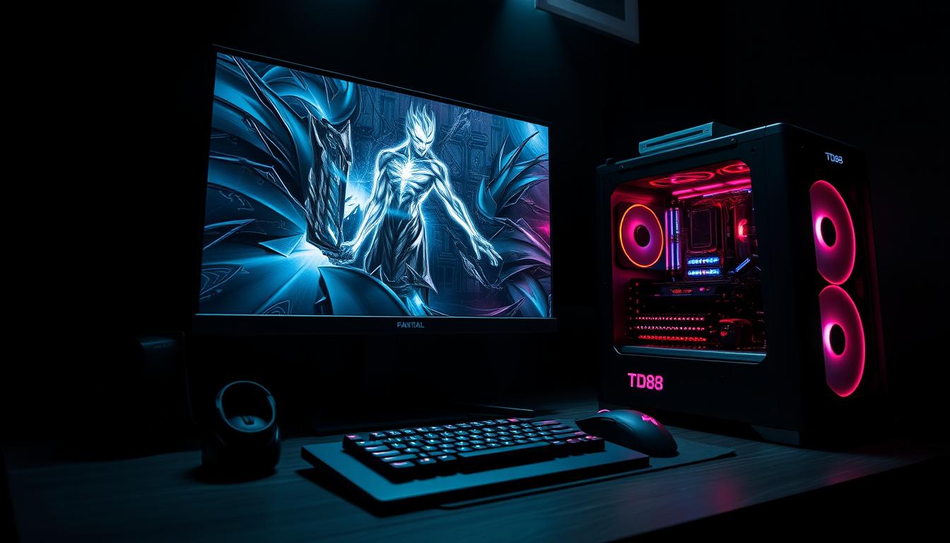 A highly detailed, technologically advanced gaming setup with a large, high-resolution display, a powerful gaming PC with RGB lighting, and a sleek, ergonomic gaming mouse and keyboard. The setup is situated in a dark, moody room with dramatic, theatrical lighting, casting dramatic shadows and highlights across the components. The branding "TD88" is prominently featured on the gaming PC's chassis. The overall scene conveys a sense of immersion, performance, and the passion of a dedicated gamer.