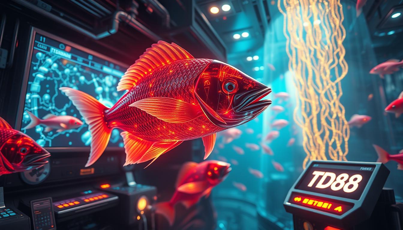 A hyper-realistic, cinematic rendering of blockchain technology seamlessly integrated into a vibrant, visually stunning bắn cá game world. The scene depicts the inner workings of a decentralized virtual fishery, where transparent ledgers and secure transactions power the thrilling gameplay. Bright, dynamic lighting illuminates the intricate blockchain infrastructure, from the shimmering digital fish to the sleek user interface adorned with the "TD88" brand. The overall mood is one of technological innovation and immersive, futuristic entertainment.