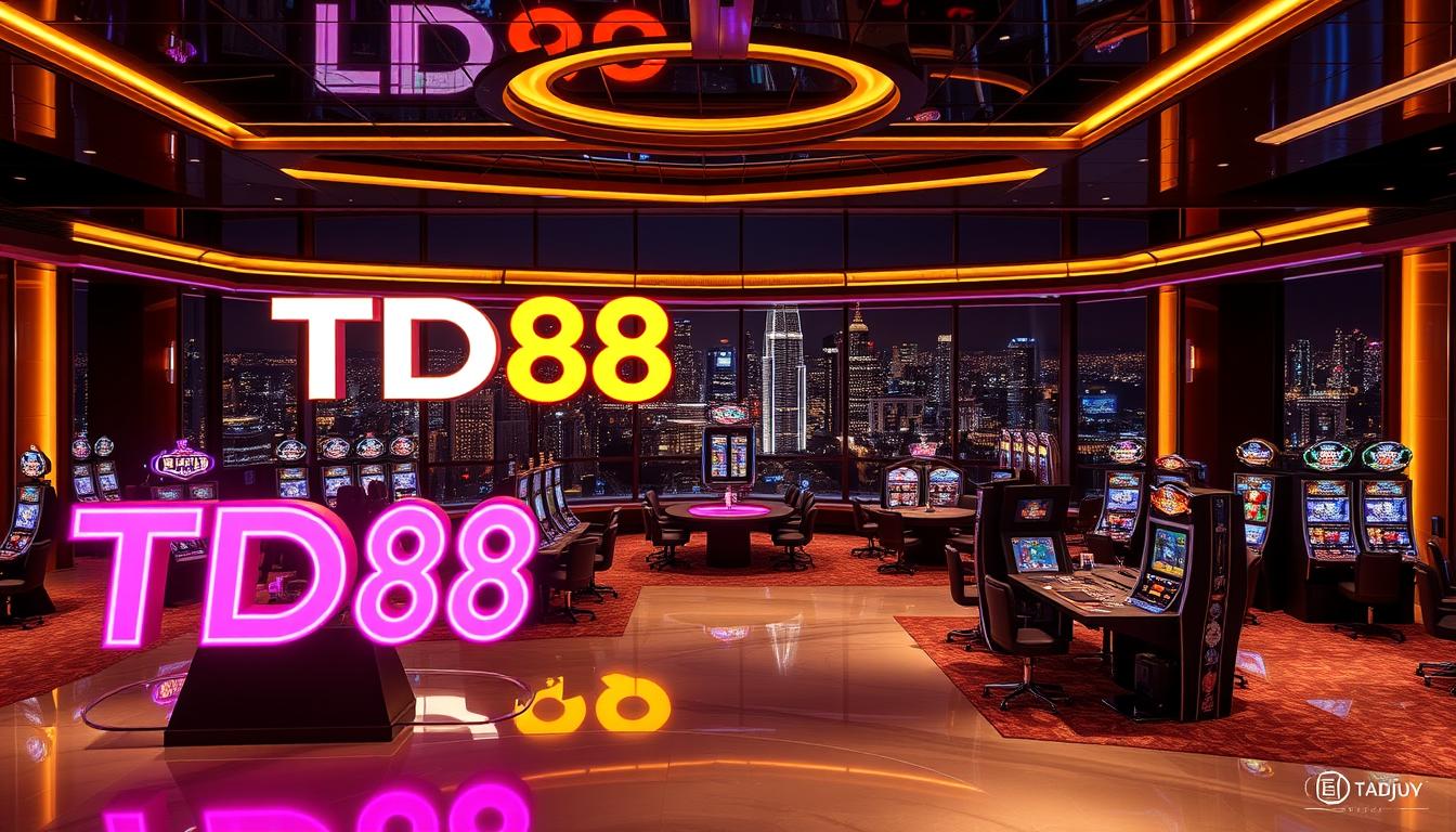 A lavish casino interior with a sleek, modern design. The foreground features the prominent "TD88" brand logo, illuminated in neon lights against a backdrop of gleaming, polished surfaces. The middle ground showcases a variety of gaming tables and slot machines, their screens and interfaces displaying vibrant, high-resolution graphics. In the background, floor-to-ceiling windows offer a panoramic view of a bustling city skyline at night, the twinkling lights creating a sense of energy and excitement. The overall atmosphere is one of sophistication and luxury, capturing the essence of the top online casino platforms leading the industry in 2026.