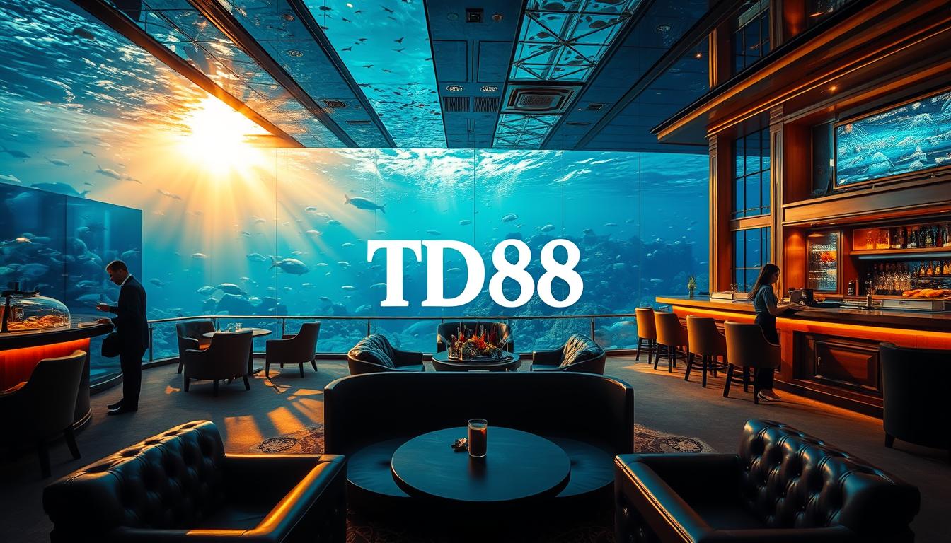 A lavish underwater scene with a grand VIP lounge for elite anglers. The foreground features plush leather seating, a polished wooden bar, and a massive aquarium teeming with vibrant sea life. The middle ground showcases a team of attentive servers delivering premium cocktails and gourmet seafood dishes. In the background, floor-to-ceiling windows reveal a mesmerizing oceanic landscape, bathed in warm, golden lighting. Prominent in the center is the TD88 logo, signifying the exclusive VIP experience for the most discerning bắn cá enthusiasts. An atmosphere of luxury, comfort, and unparalleled service permeates the scene, enticing viewers to envision themselves as part of this elite, aquatic oasis.