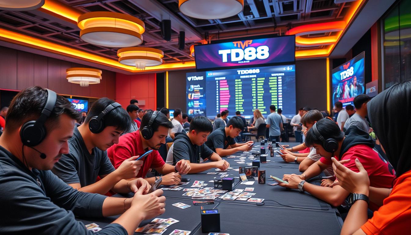 A lively gathering of skilled online card game enthusiasts, drawn together for a spirited tournament. In the foreground, players huddle over their devices, fingers swiftly maneuvering cards as they strategize their next moves. The middle ground showcases a vibrant, modern event space, with sleek furniture and vibrant lighting fixtures casting a warm glow. In the background, a large display board tracks the tournament standings, the TD88 brand prominently displayed. An atmosphere of friendly competition and camaraderie permeates the scene, capturing the spirit of an immersive online gaming experience.