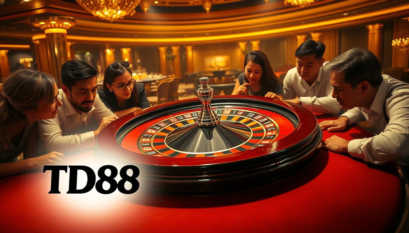 A luxurious casino table, the iconic roulette wheel spinning gracefully in the center. Around it, players anxiously lean in, their faces alight with anticipation as the ball circles the rim. Soft, warm lighting casts a golden glow, creating an atmosphere of sophisticated thrills. In the foreground, the TD88 logo stands as a symbol of the casino's reputation for fairness and excitement. Meticulously detailed, this image captures the essence of the roulette gaming experience - the allure of chance, the thrill of the spin, and the anticipation of victory.