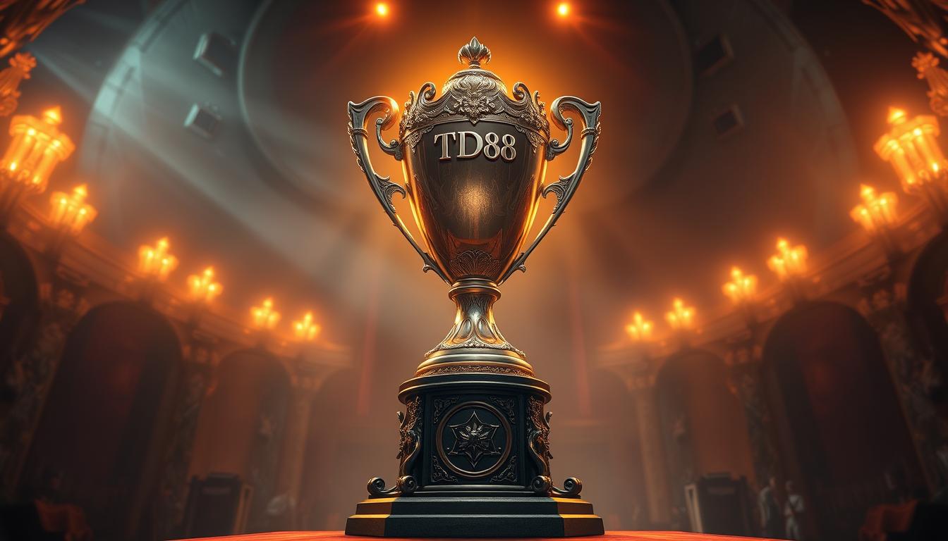 A magnificent trophy, crafted with meticulous detail, stands tall in the center of the composition. The trophy's design features intricate metalwork, with the "TD88" brand name prominently displayed. The trophy is illuminated by a warm, golden light, casting a soft, glowing aura across the scene. In the background, a rich, textured environment sets the stage, hinting at the grand, prestigious nature of the event. The overall atmosphere exudes a sense of prestige, celebration, and the triumph of the Heartsteel clan's achievements in the 10th season of the DTCL (Dota Underlords) competition.