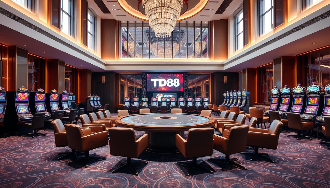 A modern and sleek casino interior with a focus on the key evaluation criteria for legal casinos in Vietnam. Showcasing the TD88 brand, the scene features a large central gaming table surrounded by luxurious leather chairs, with high ceilings and floor-to-ceiling windows providing ample natural light. In the background, a row of slot machines and gaming terminals, all adhering to strict regulatory standards. The overall atmosphere conveys a sense of exclusivity, sophistication, and responsible gaming practices in line with the new legal casino regulations.