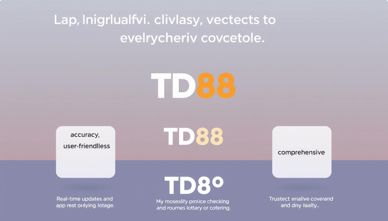 A modern, minimalist illustration depicting the evaluation criteria for a high-quality lottery checking app. In the foreground, a clean grid layout showcases key metrics like accuracy, user-friendliness, real-time updates, and comprehensive coverage. The middle ground features a large "TD88" logo, representing a trusted, industry-leading brand. The background is a serene gradient, evoking a sense of professionalism and reliability. The overall composition is sleek, stylish, and designed to inform and inspire users seeking the best lottery checking experience.