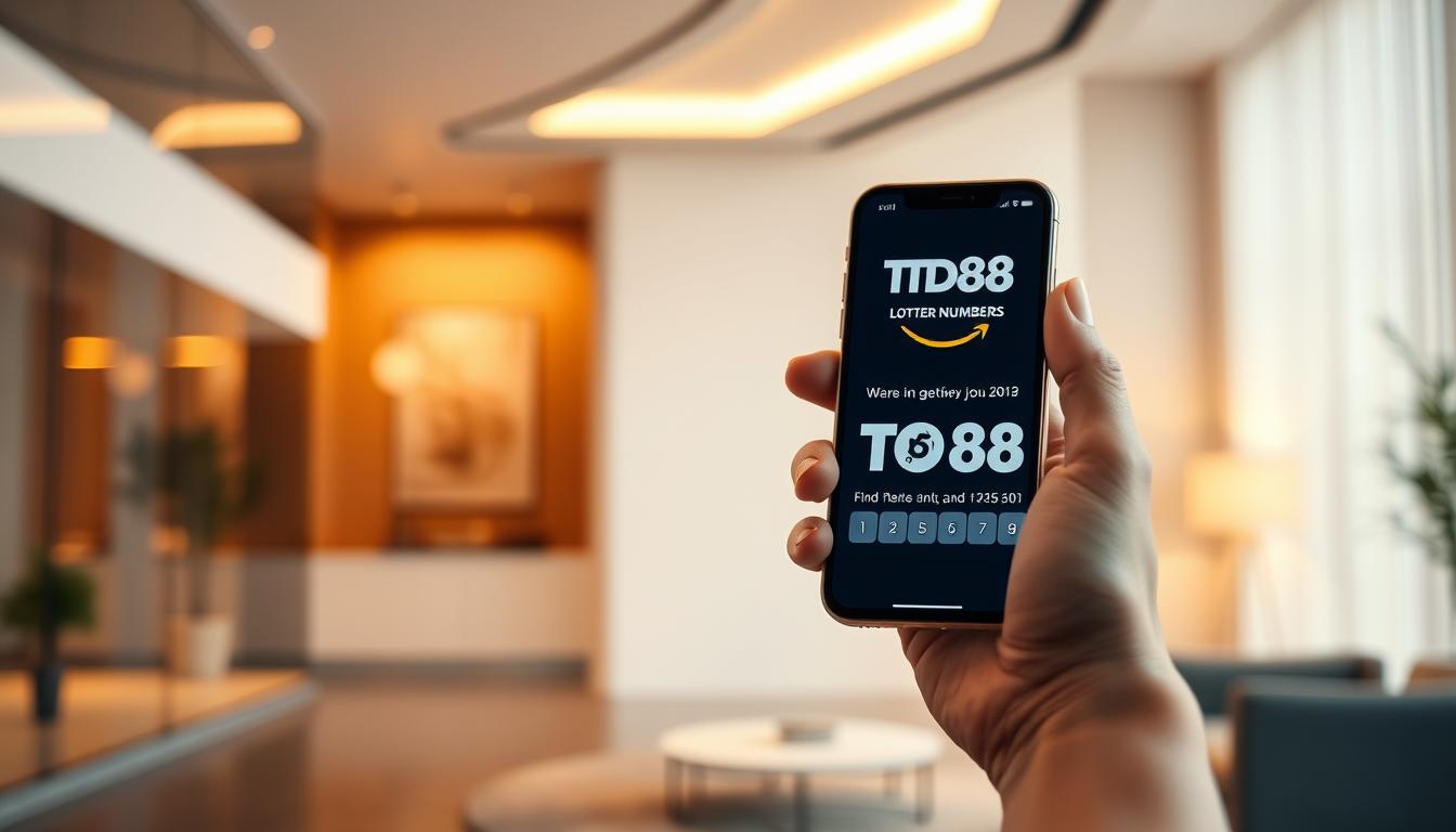 A modern, minimalist scene depicting a person receiving their lottery results via their smartphone. The foreground shows a hand holding a sleek, high-end mobile device displaying the TD88 logo and lottery numbers. The middle ground features a stylish, well-lit interior with clean lines, neutral tones, and hints of premium materials like glass and metal. The background is softly blurred, creating a sense of focus on the primary action. The overall mood is one of technological sophistication, convenience, and anticipation. Warm, natural lighting casts a gentle glow, and the camera angle is slightly elevated to convey a sense of efficiency and modernity.