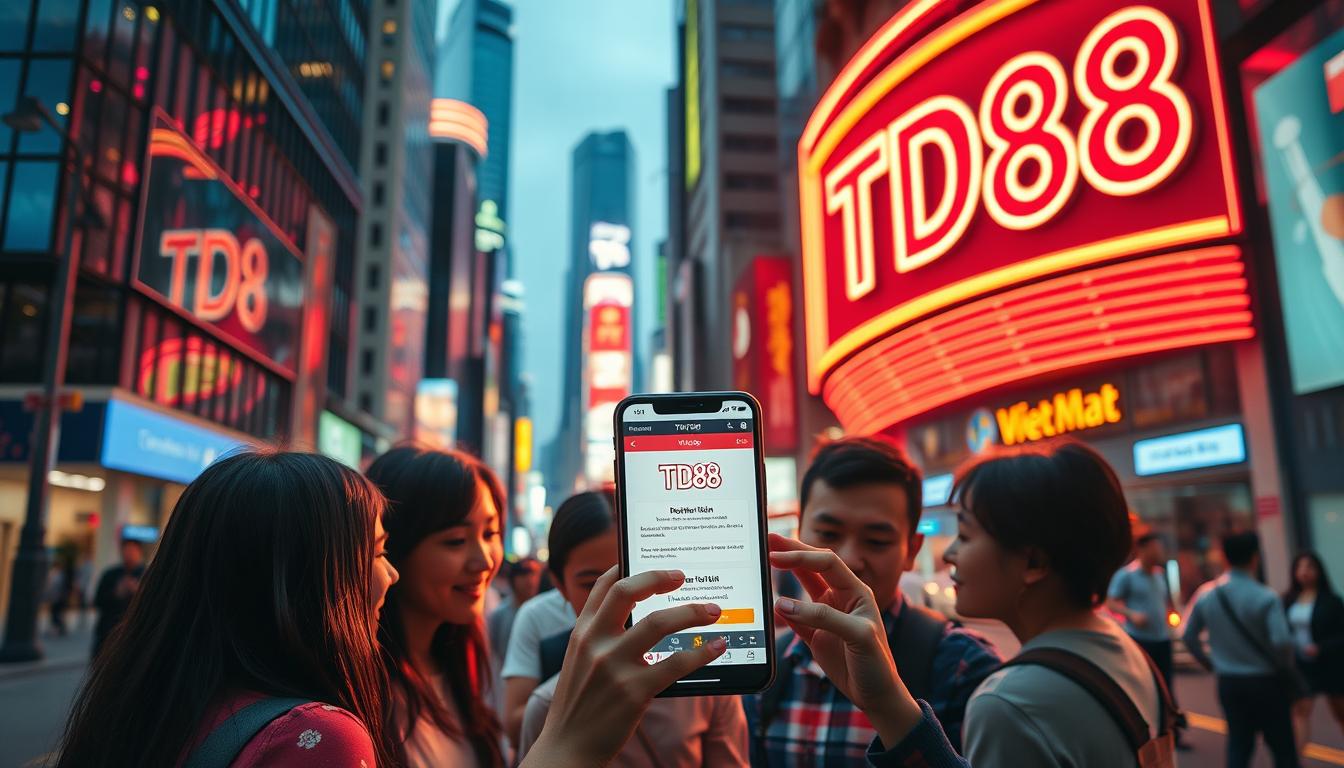 A neon-lit street in a bustling city, with a large, illuminated "TD88" sign prominently displayed. In the foreground, a group of people gathered around a mobile phone, their expressions focused and excited as they navigate through the Vietlott SMS registration process. The middle ground features a well-designed, intuitive user interface on the phone's screen, guiding users through the steps. The background showcases the vibrant energy of the urban landscape, with skyscrapers, traffic, and pedestrians adding to the sense of modernity and convenience. Soft, warm lighting creates a welcoming atmosphere, emphasizing the ease and accessibility of the Vietlott SMS lottery system.