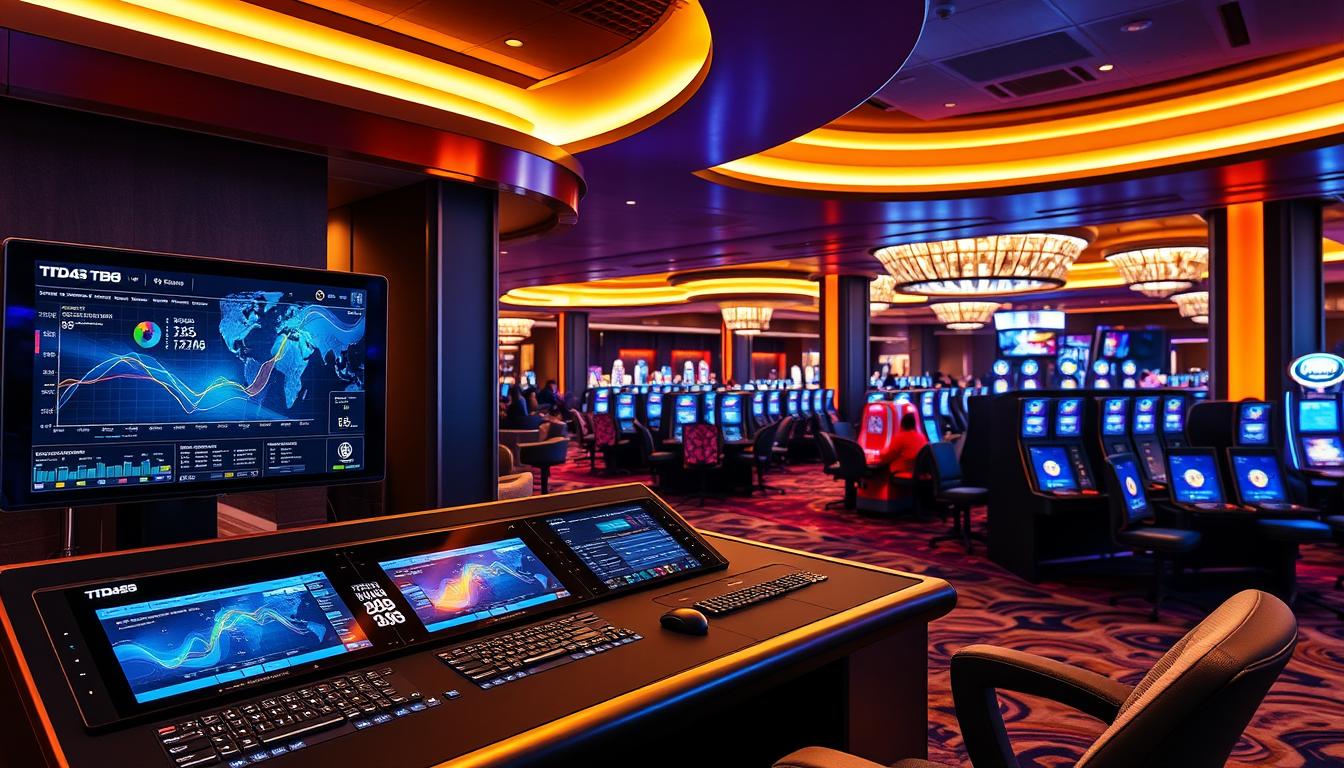 A professional, high-tech casino setup featuring the TD88 brand. A sleek, modern control panel with integrated digital displays, touch interfaces, and advanced analytics dashboards. Subtle ambient lighting casts a warm glow, complemented by bold architectural lines and metallic accents. In the background, a panoramic view of a bustling casino floor, with patrons engrossed in the action at the gaming tables. An atmosphere of sophistication, efficiency, and cutting-edge technology permeates the scene.