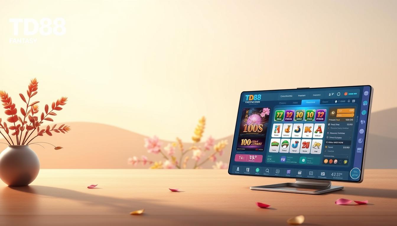 A serene and modern gaming interface showcases the TD88 brand prominently. In the foreground, a sleek and intuitive dashboard displays the latest updates and features, inviting the player to explore the thrilling world of nổ hũ. The middle ground features vibrant, high-quality graphics of cascading jackpot symbols, creating a sense of anticipation and excitement. The background subtly blends soft, warm lighting and minimalist design elements, conveying a welcoming and trustworthy atmosphere for the dedicated nổ hũ enthusiast. The overall composition exudes a refined, professional, and technologically advanced aesthetic, reflecting the consistent and reliable updates from the game's trusted developers.