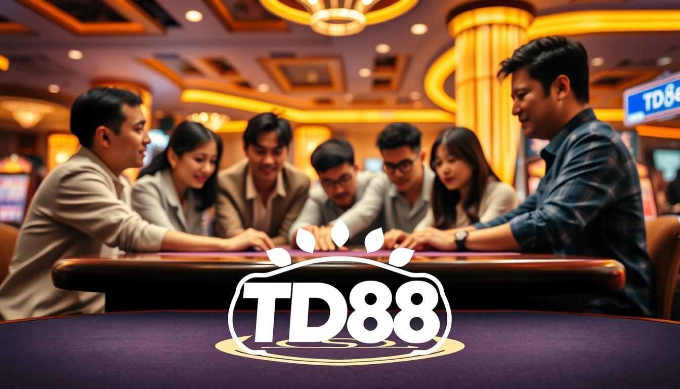 A serene casino-inspired scene, featuring a group of people gathered around a table, immersed in a thrilling game of "nổ hũ", the popular Vietnamese slot game. The foreground showcases the stylized TD88 logo, prominently displayed on the table's surface, creating a sense of branding and authenticity. The middle ground depicts the players, their expressions a mix of concentration and excitement, as they eagerly pull the virtual lever, anticipating the elusive jackpot. The background is illuminated by warm, golden lighting, casting a welcoming and inviting atmosphere, reminiscent of a lively casino. The overall composition conveys the excitement and accessibility of the "nổ hũ" experience, making it an enticing option for newcomers to the world of online gaming.