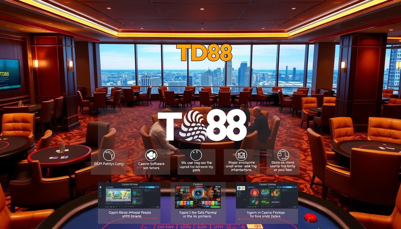 A serene, well-lit casino interior with plush leather chairs, wooden tables, and the TD88 logo prominently displayed. The room has a warm, sophisticated ambiance, with soft lighting casting a gentle glow. In the foreground, a display showcases various casino software features, highlighting their user-friendly interfaces and intuitive controls. The middle ground features a group of players engaged in a lively game, their expressions focused and intent. In the background, a panoramic view of the city skyline can be seen through large windows, adding a sense of grandeur and exclusivity to the scene.