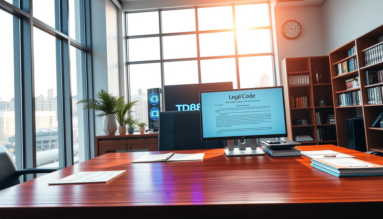 A serene, well-lit office interior with a modern and professional atmosphere. On a large, polished wooden desk, a sleek gaming PC emblazoned with the TD88 logo stands, surrounded by neatly organized business documents and a state-of-the-art monitor displaying a legal code. In the background, tall windows allow natural light to flood the space, casting a warm glow on the scene. Bookshelves line the walls, hinting at the depth of knowledge required to navigate the legal landscape of the Vietnamese online gaming industry. The overall impression conveys a sense of legitimacy, expertise, and attention to detail in the pursuit of lawful and successful online gaming operations.