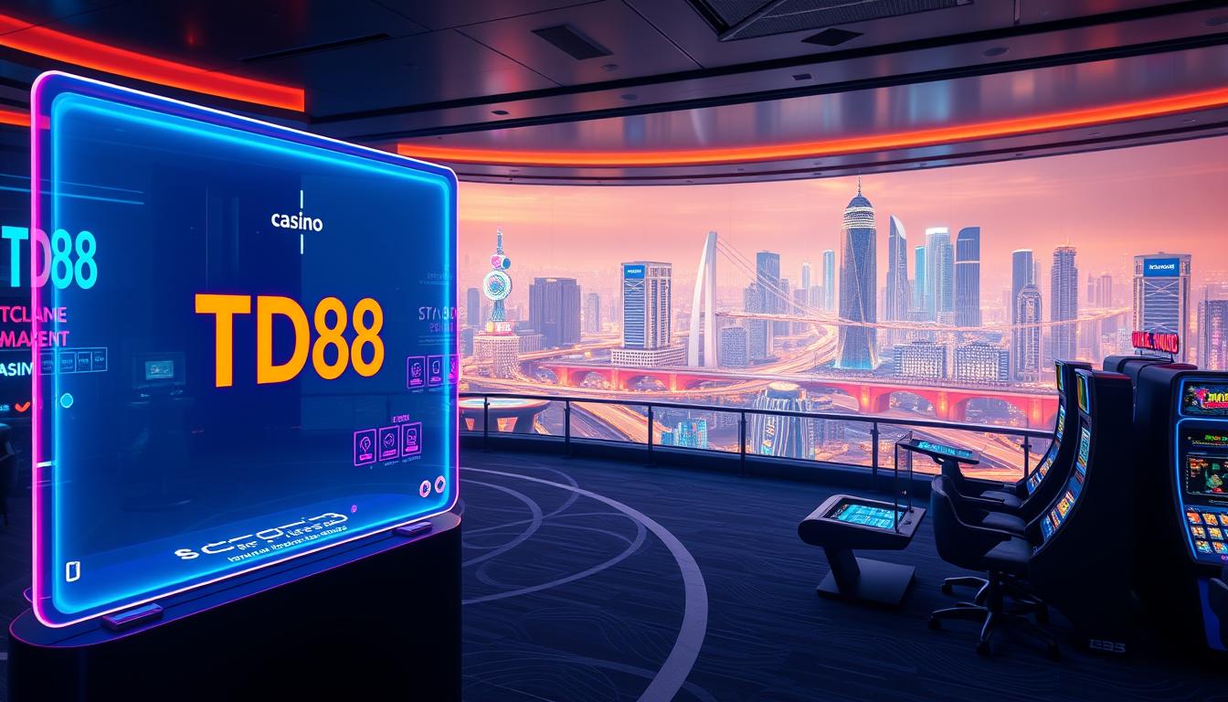A sleek, futuristic casino scene featuring the blockchain technology. In the foreground, a high-resolution holographic display showcases the TD88 casino brand, its minimalist logo and vibrant neon accents. The middle ground depicts a seamless integration of virtual gaming tables and slot machines, where players interact with digital chips and cards using gesture-based controls. The background is a panoramic view of a gleaming, ultramodern cityscape, its skyscrapers and bridges illuminated by a warm, diffused lighting that creates a sense of technological elegance. The overall atmosphere conveys the excitement and innovation of blockchain-powered casino experiences.