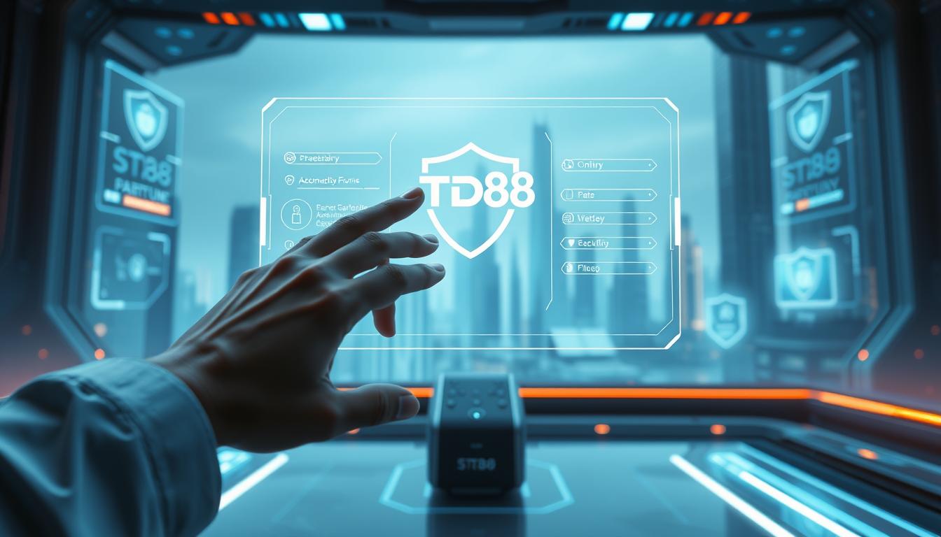 A sleek, futuristic gaming interface with holographic security controls. In the foreground, a player's hand interacts with a floating, translucent panel displaying the TD88 logo and various security settings. The middle ground features a minimalist, high-tech gaming environment with subtle neon accents, conveying a sense of digital sophistication. The background showcases a cityscape of skyscrapers and holograms, hinting at the interconnected nature of online gaming and the importance of robust data protection. The scene is illuminated by a cool, blue-tinted lighting that enhances the futuristic atmosphere, while the overall composition emphasizes the harmony between seamless gameplay and airtight security.