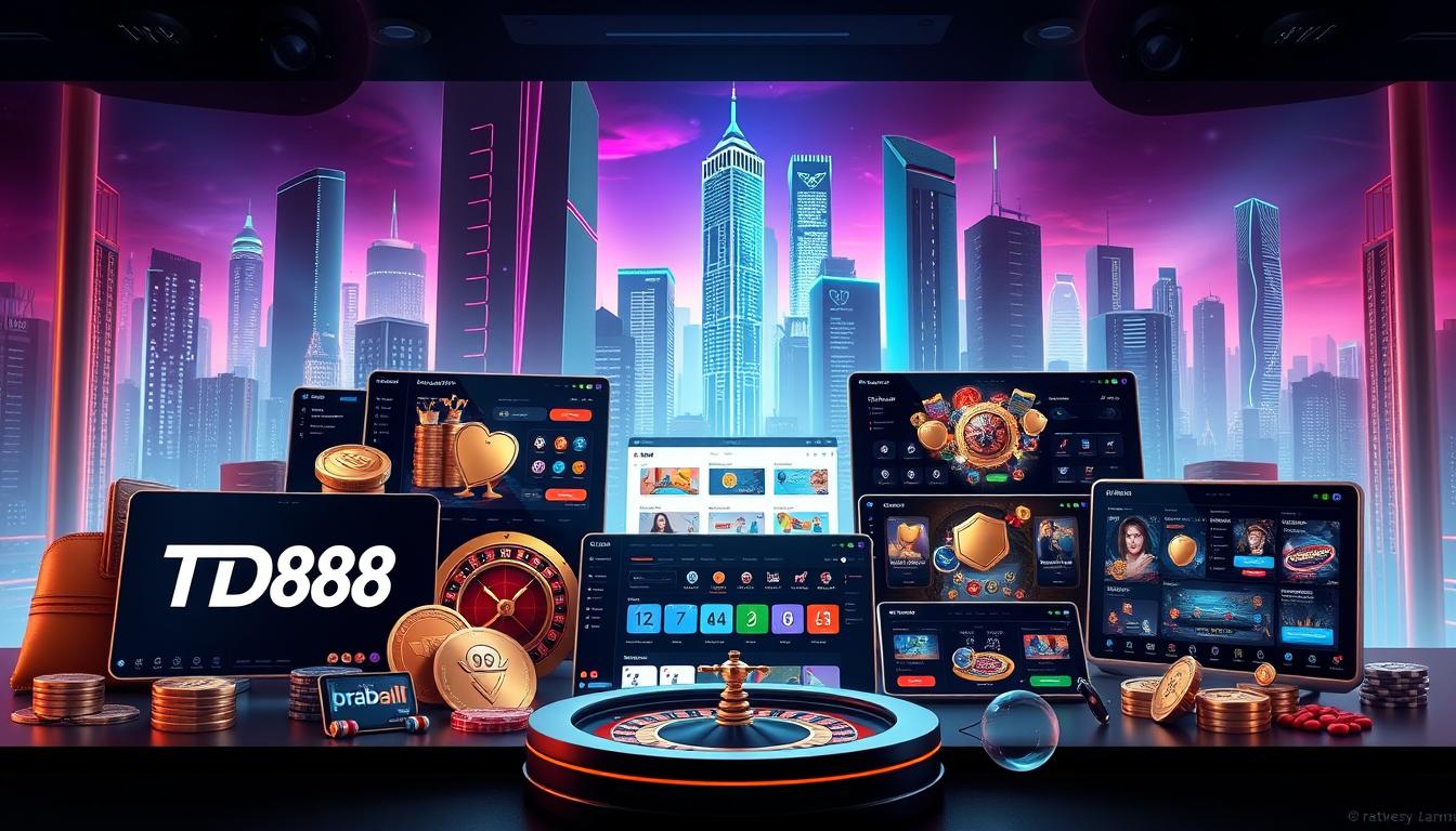A sleek, modern UI showcasing the top cryptocurrency-based gambling platforms of 2024. The foreground features the prominent brand "TD88" along with an array of digital wallets, cryptocurrencies, and stylized casino elements like roulette wheels and poker chips. The middle ground depicts a variety of user interface layouts, showcasing the intuitive designs and diverse gaming options available. The background sets a vibrant, neon-tinged atmosphere with skyscrapers and cityscape, evoking a futuristic, high-tech ambiance. Lighting is dramatic, with dramatic shadows and highlights accentuating the digital aesthetic. The overall composition conveys a sense of innovation, security, and a premium online gambling experience.