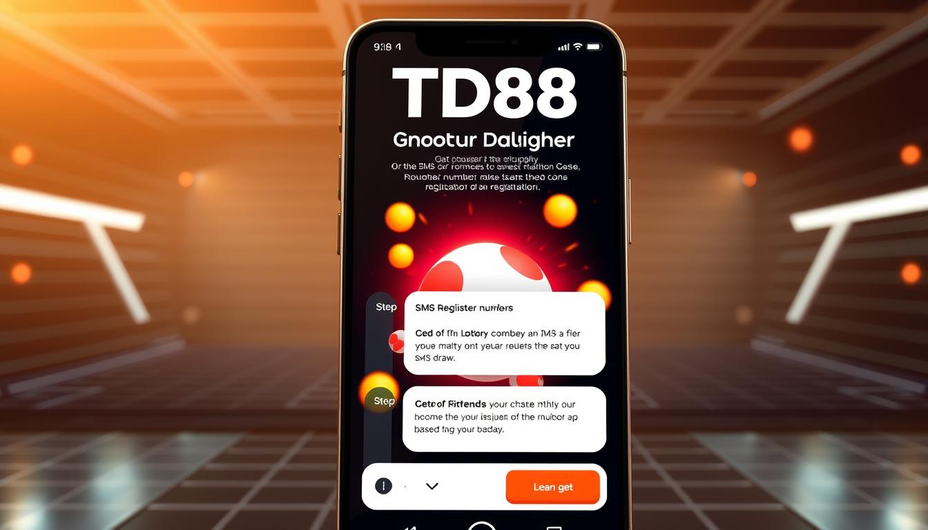 A sleek, modern UI showing the process of choosing lottery numbers via SMS on a mobile device. The foreground features a stylized TD88 logo and a step-by-step walkthrough of the SMS registration flow, with clean icons and intuitive controls. The middle ground showcases a vibrant, dynamic lottery ball animation, highlighting the excitement of the draw. The background has a futuristic, tech-inspired ambiance with subtle grid patterns and geometric shapes, conveying a sense of innovation and progress. Warm lighting and a muted color palette create a polished, premium aesthetic, perfectly suited for an article on the convenience of SMS-based lottery registration.