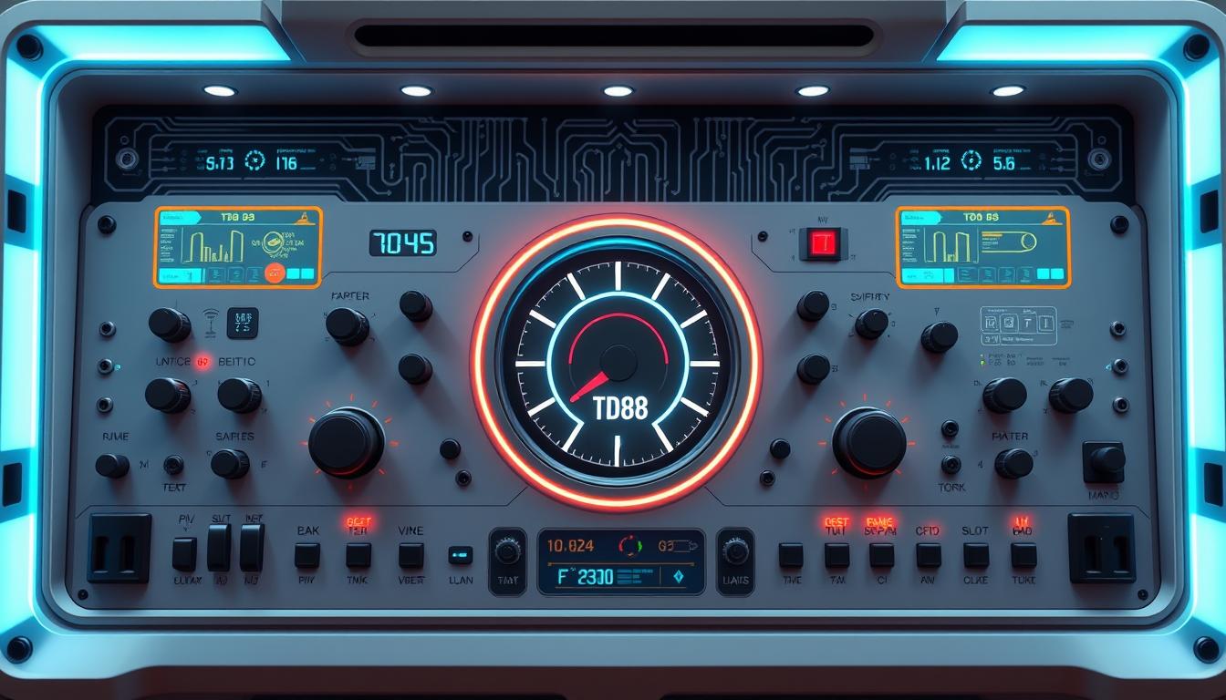 A sleek, modern control panel with a clean, minimalistic design. The center features a large, circular gauge displaying the current status of the "TD88" automatic slot machine triggering tool. Surrounding the gauge are various knobs, sliders, and buttons that allow for precise control and customization of the system's parameters. The panel is illuminated by a soft, ambient glow, creating a futuristic and high-tech atmosphere. In the background, a complex array of circuitry and displays provide real-time analytics and performance data. The entire setup conveys a sense of advanced, reliable, and user-friendly automation for slot machine enthusiasts.
