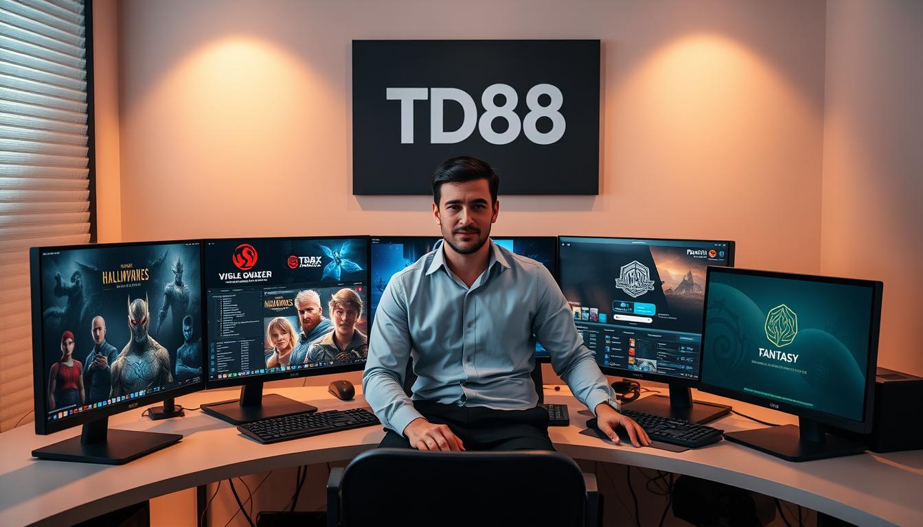 A sleek, modern desktop workspace with multiple computer screens displaying various game accounts, each with distinctive logos and branding. The user, smartly dressed in a button-down shirt and slacks, sits at the center, carefully managing the accounts with a focused expression. The lighting is warm and professional, highlighting the intricate details of the setup. In the background, a minimalist wall decor featuring the TD88 brand logo creates a sense of cohesion. The overall scene conveys the benefits and potential risks of managing multiple game accounts on a single device.