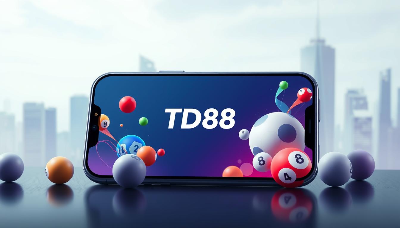 A sleek, modern mobile app interface showcasing the top lottery applications. The screen displays the brand name "TD88" prominently in the center, surrounded by a clean, minimalist design. In the foreground, there are intuitive app icons and buttons for checking lottery results, buying tickets, and accessing previous drawings. The middle ground features stylized graphics of lottery balls and other gaming elements, all rendered in a vibrant, eye-catching color palette. The background subtly suggests an urban cityscape, with skyscrapers and a dynamic skyline visible through the app window. The overall tone is one of professionalism, accessibility, and excitement, perfectly capturing the essence of the top lottery apps.