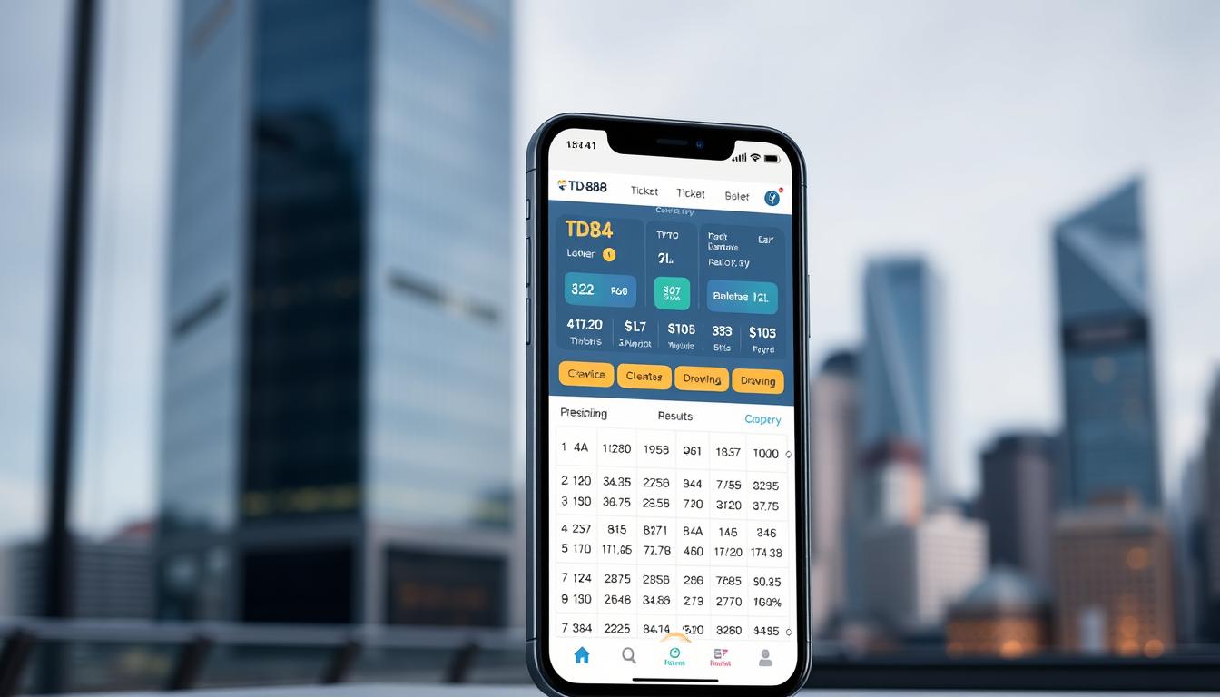 A sleek, modern mobile application interface showcasing the key features of a lottery checking app. The foreground displays the "TD88" brand name prominently, with a clean and intuitive user interface design. The middle ground depicts an array of lottery ticket numbers, drawing results, and statistics, presented in a clear and organized manner. The background features a blurred cityscape, evoking a sense of urban sophistication. The lighting is soft and natural, creating a polished, professional atmosphere. The camera angle is slightly elevated, providing an optimal view of the app's functionality and design. Overall, the image conveys the convenience, reliability, and user-friendliness of a comprehensive lottery checking application.
