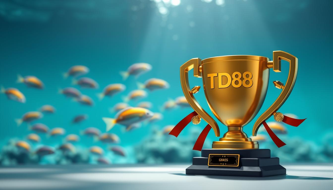 A sleek, modernized reward system for a thrilling fishing game in 2025. In the foreground, a stylized trophy design with the bold brand name "TD88" showcases the grand prize. The middle ground features a dynamic underwater scene with schools of vibrant fish, hinting at the exciting gameplay. The background subtly transitions into a shimmering, aquamarine hue, creating a sense of depth and aquatic ambiance. Carefully positioned lighting casts subtle shadows, highlighting the three-dimensional elements and lending a sense of realism. The overall composition conveys a sophisticated, technologically-advanced reward structure that will captivate players and heighten the immersive fishing experience.