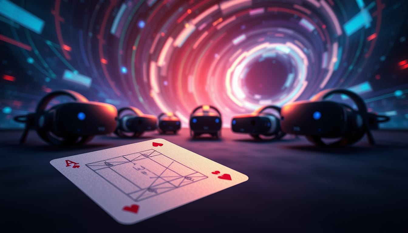 A sprawling virtual reality landscape, where the history of card gaming unfolds in vivid detail. In the foreground, a classic deck of playing cards hovers, edges glimmering with a hint of luminescence. The middle ground showcases a series of VR headsets, each representing a milestone in the evolution of immersive gaming technology, including the iconic TD88 model. In the background, a swirling vortex of data streams and polygonal shapes suggests the ever-advancing frontiers of virtual reality. Soft, ambient lighting casts a dreamlike glow, evoking a sense of wonder and innovation. The overall composition conveys the seamless integration of traditional gaming elements with the boundless possibilities of the virtual realm.