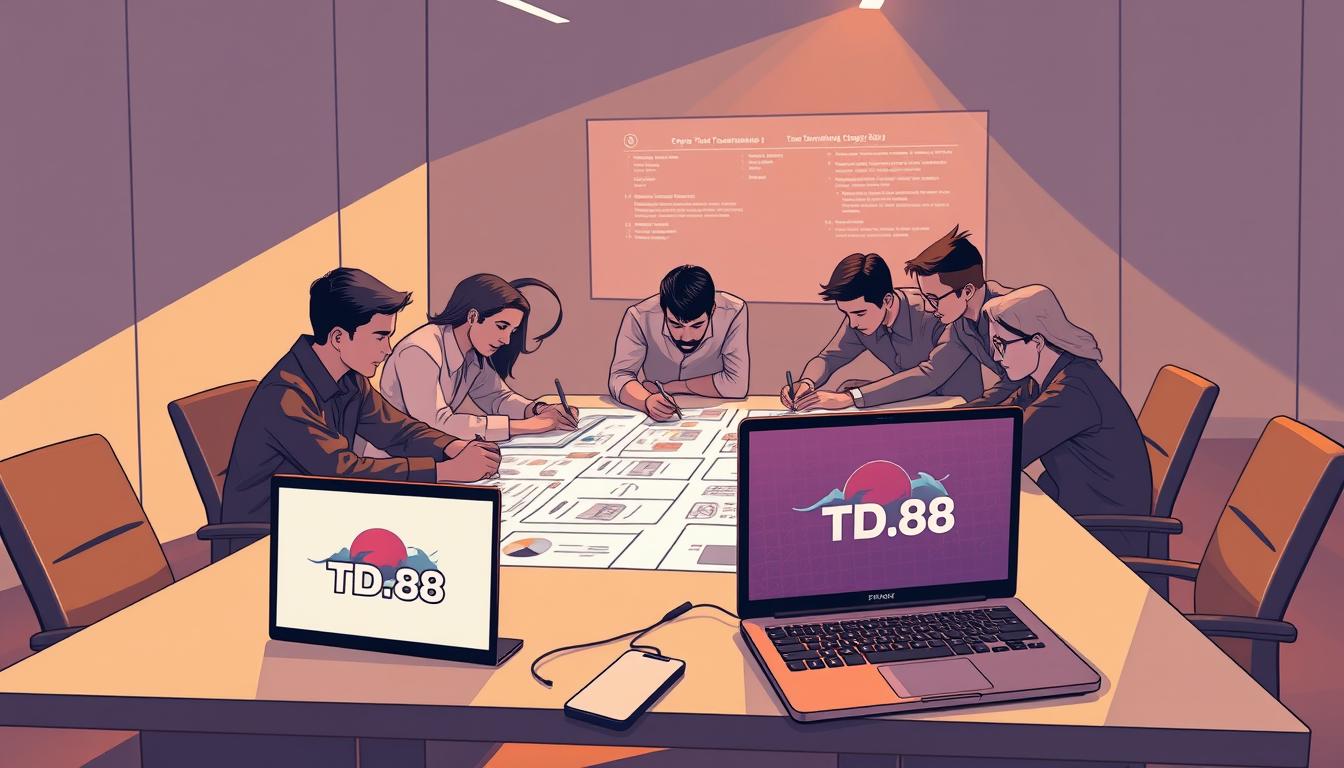 A strategic planning meeting for an online gaming tournament, captured in a dynamic, minimalist illustration. A team of tournament organizers gathered around a sleek, modern table, engaged in lively discussion, sketching out schedules, event logistics, and prize structures. The room is bathed in warm, focused lighting, casting a pensive mood as they meticulously plan every detail. In the foreground, a laptop displays the TD88 logo, signifying the professional, high-quality nature of the proceedings. The overall scene conveys a sense of organized chaos, as the organizers work diligently to craft the perfect competitive experience.