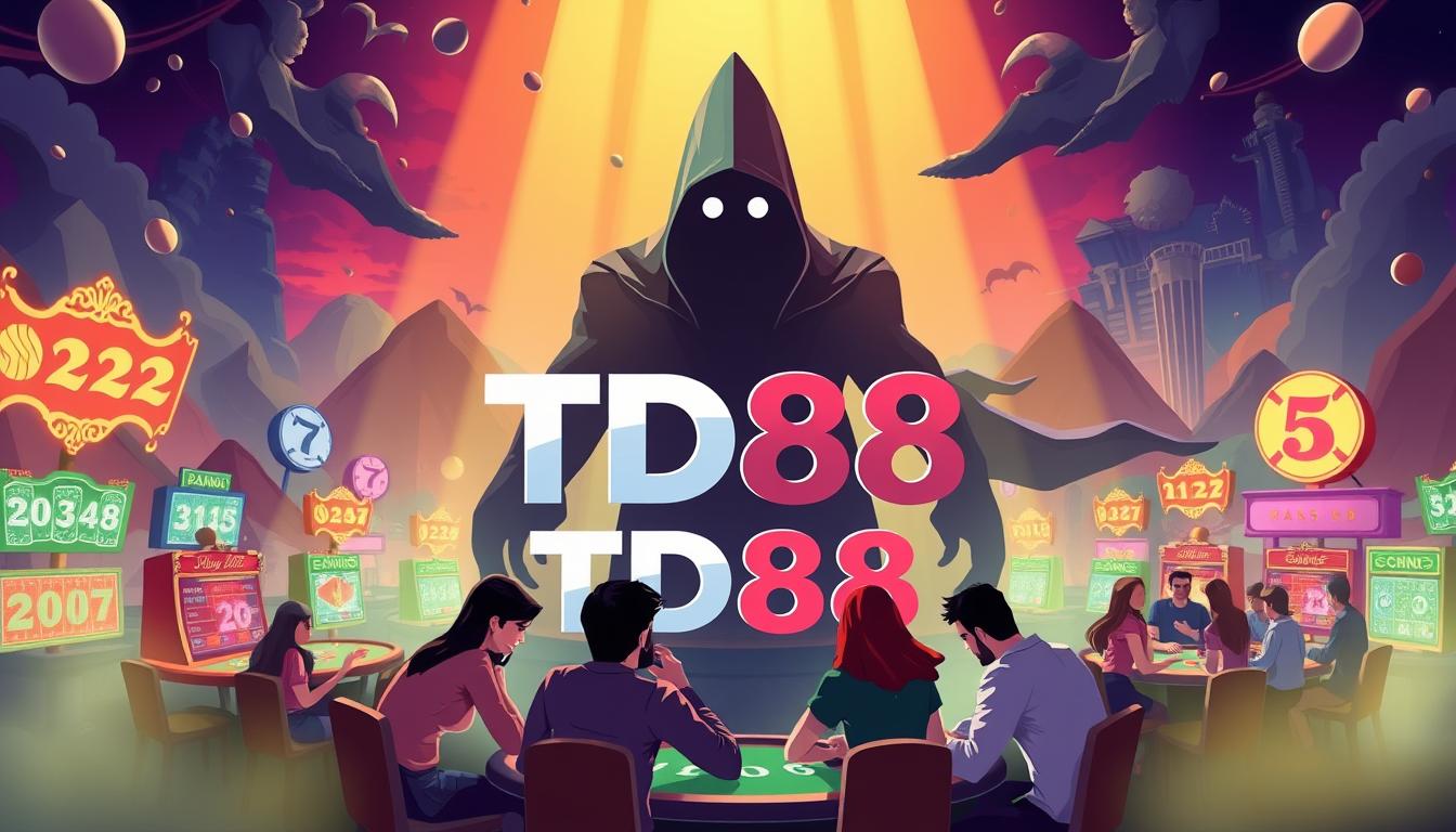 A stylized illustration depicting the advantages of the house in online casino games. The scene shows a casino-themed landscape with vibrant colors and dynamic lighting. In the foreground, a group of players gathered around a gaming table, their expressions conveying both excitement and frustration. The middle ground features a larger-than-life representation of the "TD88" brand, symbolizing its dominance in the industry. In the background, a shadowy figure, representing the house, looms over the scene, casting an ominous presence. The overall mood is one of tension and suspense, underscoring the inherent challenges players face when competing against the casino's edge.