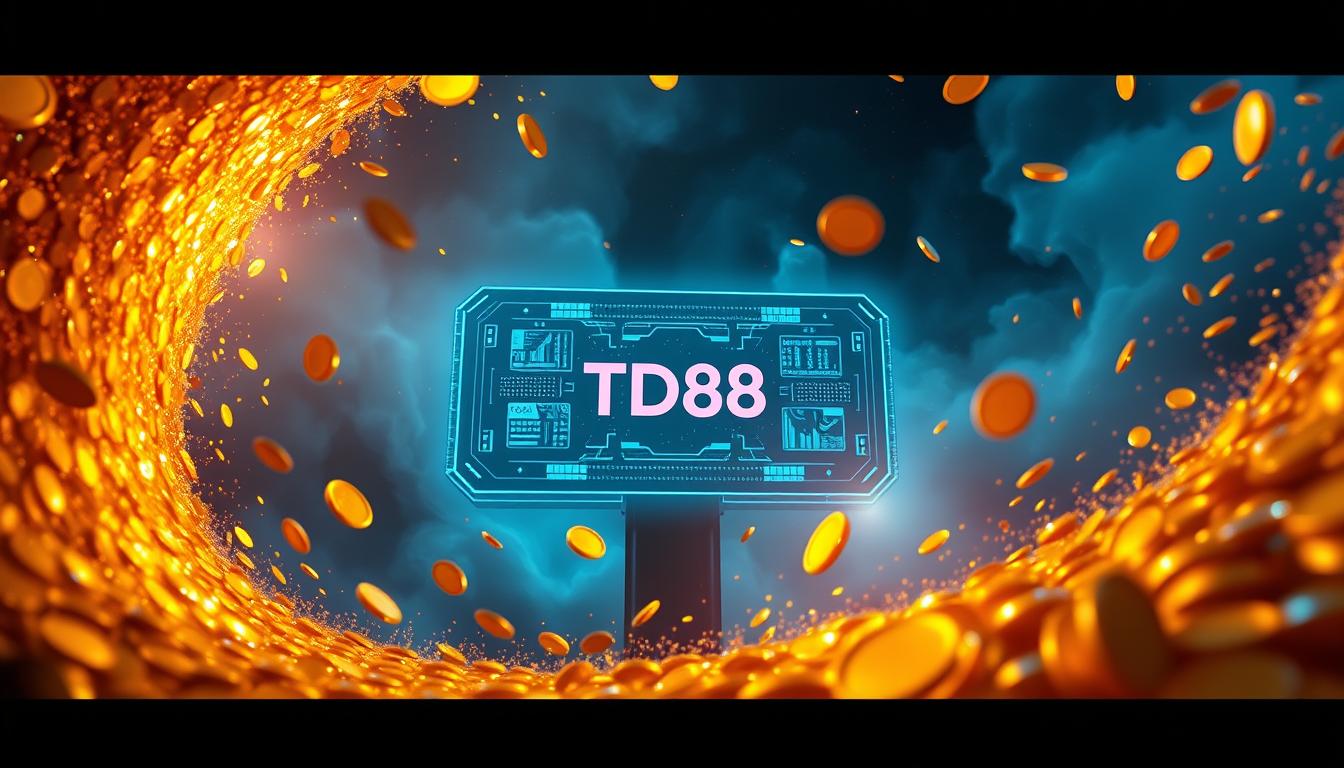 A surreal, visually striking scene depicting the intricate mechanics of a "hũ tương tác" (interactive jackpot) system. The foreground features a shimmering, hypnotic vortex of golden coins and digital elements, swirling and pulsing with energy. In the middle ground, a sleek, futuristic interface with the TD88 brand logo hovers, its holographic displays showcasing complex algorithms and data visualizations. The background is shrouded in an ethereal, neon-tinged mist, creating a sense of mystery and technological wonder. Dramatic lighting casts dramatic shadows, heightening the sense of depth and drama. The overall impression is one of a captivating, immersive experience that captures the essence of the "cơ chế nổ hũ tương tác" concept.