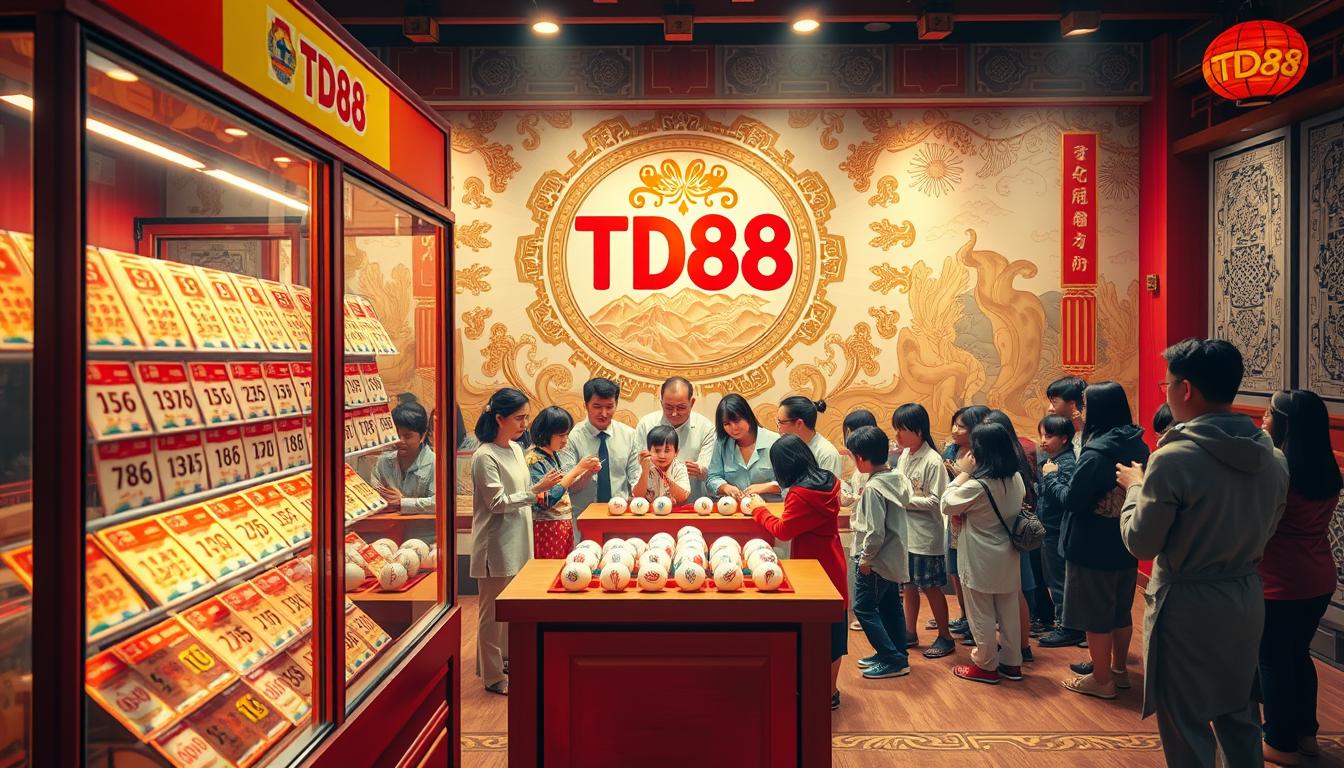 A traditional Vietnamese lottery drawing scene, showcasing the iconic TD88 brand. In the foreground, a large glass display case holds brightly colored lottery tickets, their numbers shimmering under warm, focused lighting. In the middle ground, a group of eager participants gather around a table, anxiously watching as the lottery balls are drawn one by one. The background features a stylized mural depicting the rich cultural heritage of Vietnamese lottery traditions, with intricate patterns and symbolic motifs. The overall atmosphere is one of anticipation and excitement, capturing the essence of the "Tổng quan về xổ số truyền thống Việt Nam".